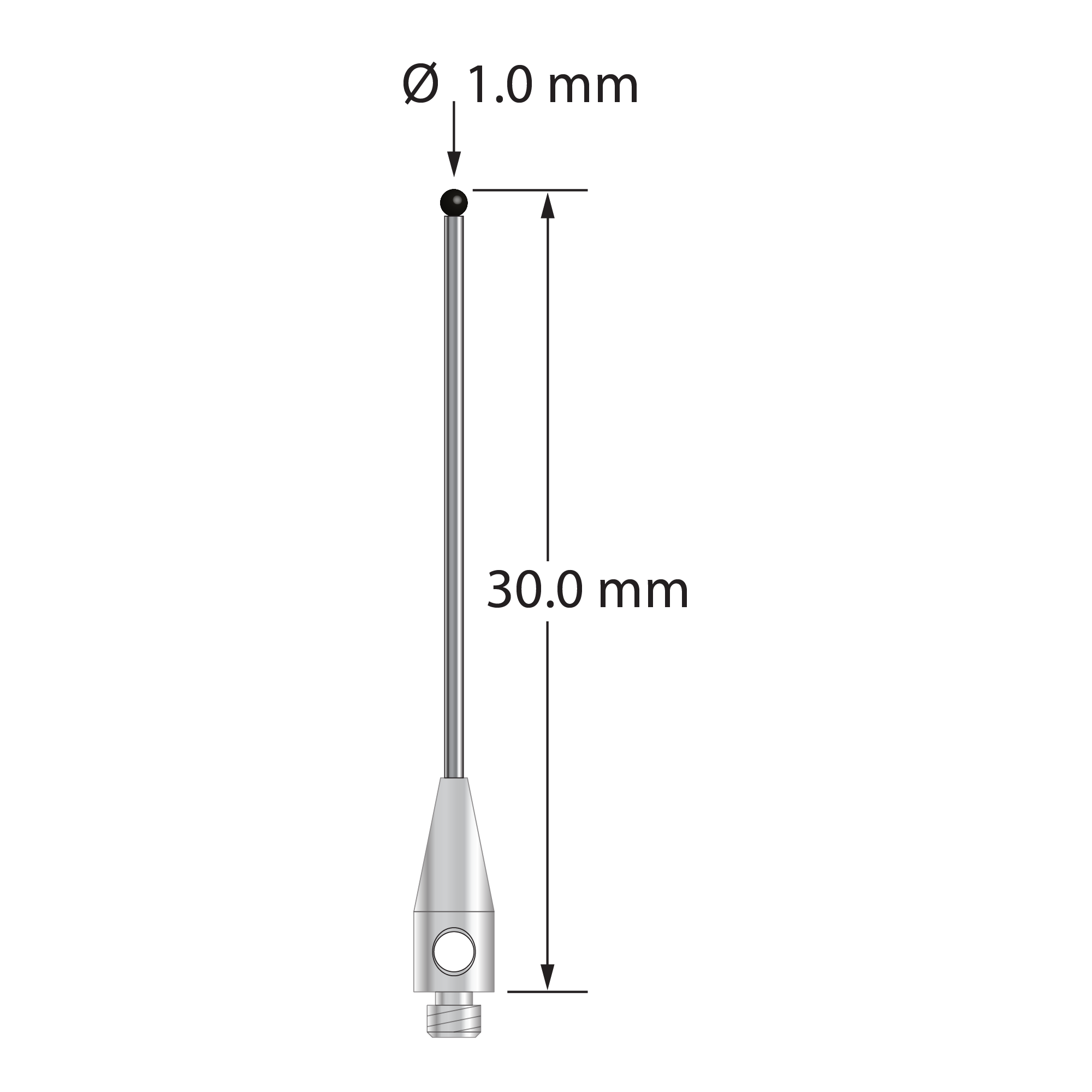 M2 stylus with 1.0 mm diameter silicon nitride ball, 0.7 mm diameter carbide stem, and 3.0 mm diameter x 8.0 mm long stainless steel base. Overall stylus length is 30.0 mm. Stylus weight is 0.42 gram.