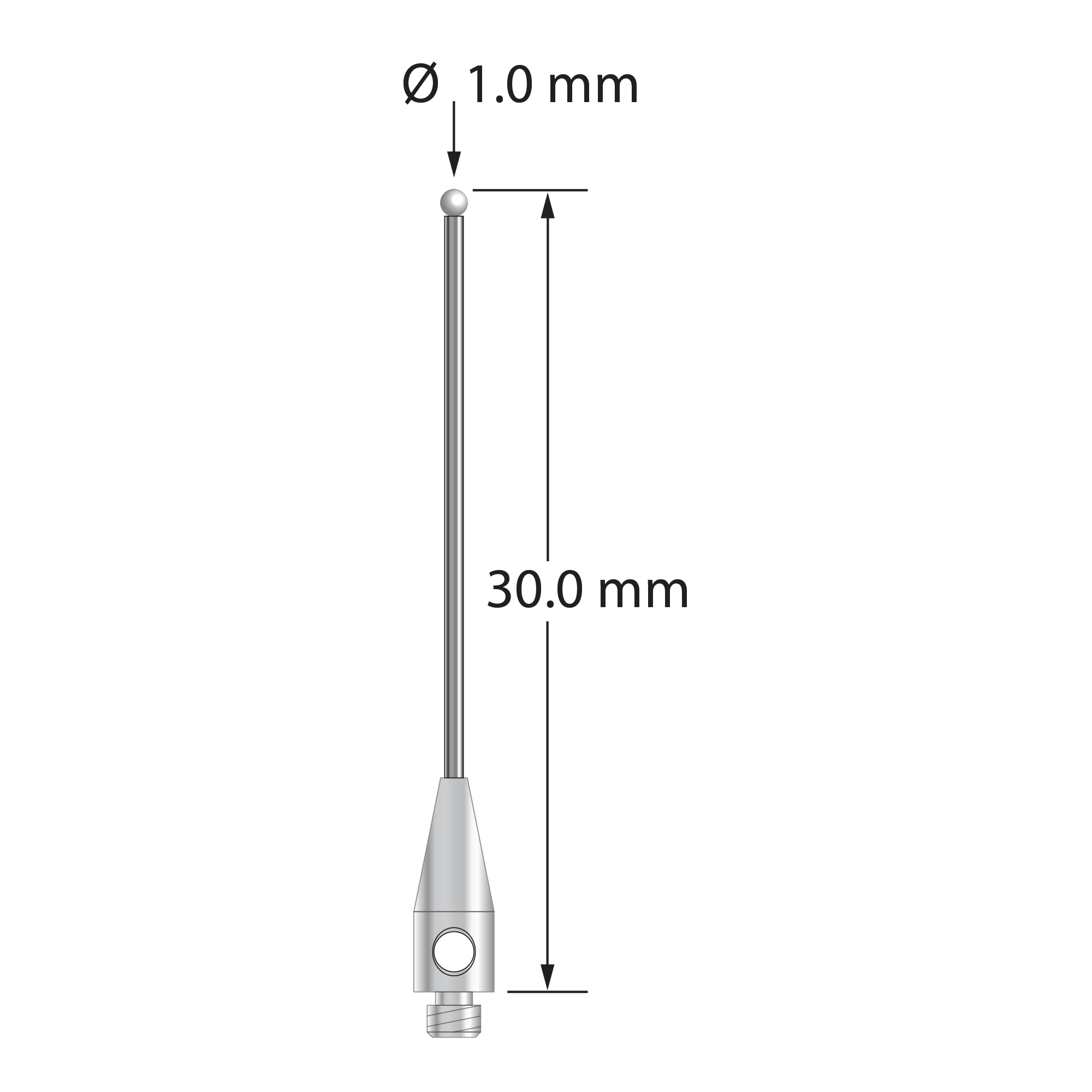 M2 stylus with 1.0 mm diameter zirconia ball, 0.7 mm diameter carbide stem, and 3.0 mm diameter x 8.0 mm long stainless steel base. Overall stylus length is 30.0 mm. Stylus weight is 0.42 gram.