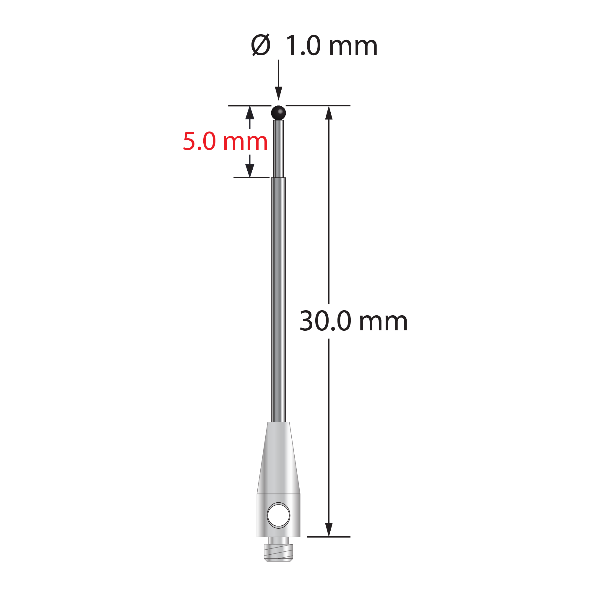 M2 stylus with 1.0 mm diameter silicon nitride ball, stepped carbide stem, and 3.0 mm diameter x 8.0 mm long stainless steel base. Major stem diameter is 1.0 mm, minor stem diameter is 0.7 mm. Overall stylus length is 30.0 mm. Stylus weight is 0.52 gram.