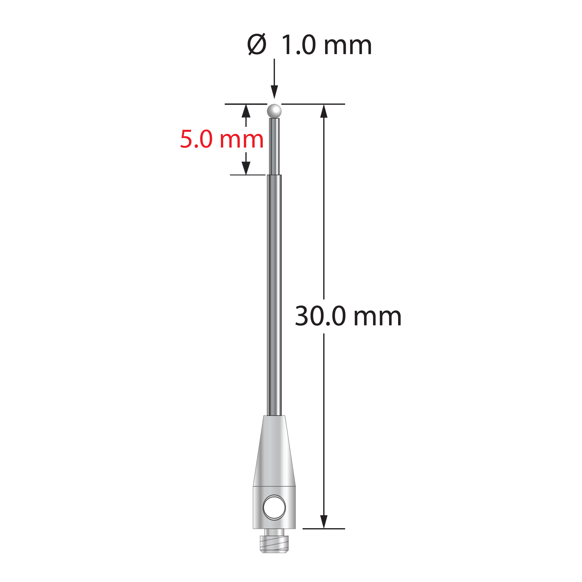 M2 stylus with 1.0 mm diameter zirconia ball, stepped carbide stem, and 3.0 mm diameter x 8.0 mm long stainless steel base. Major stem diameter is 1.0 mm, minor stem diameter is 0.7 mm. Overall stylus length is 30.0 mm. Stylus weight is 0.52 gram.