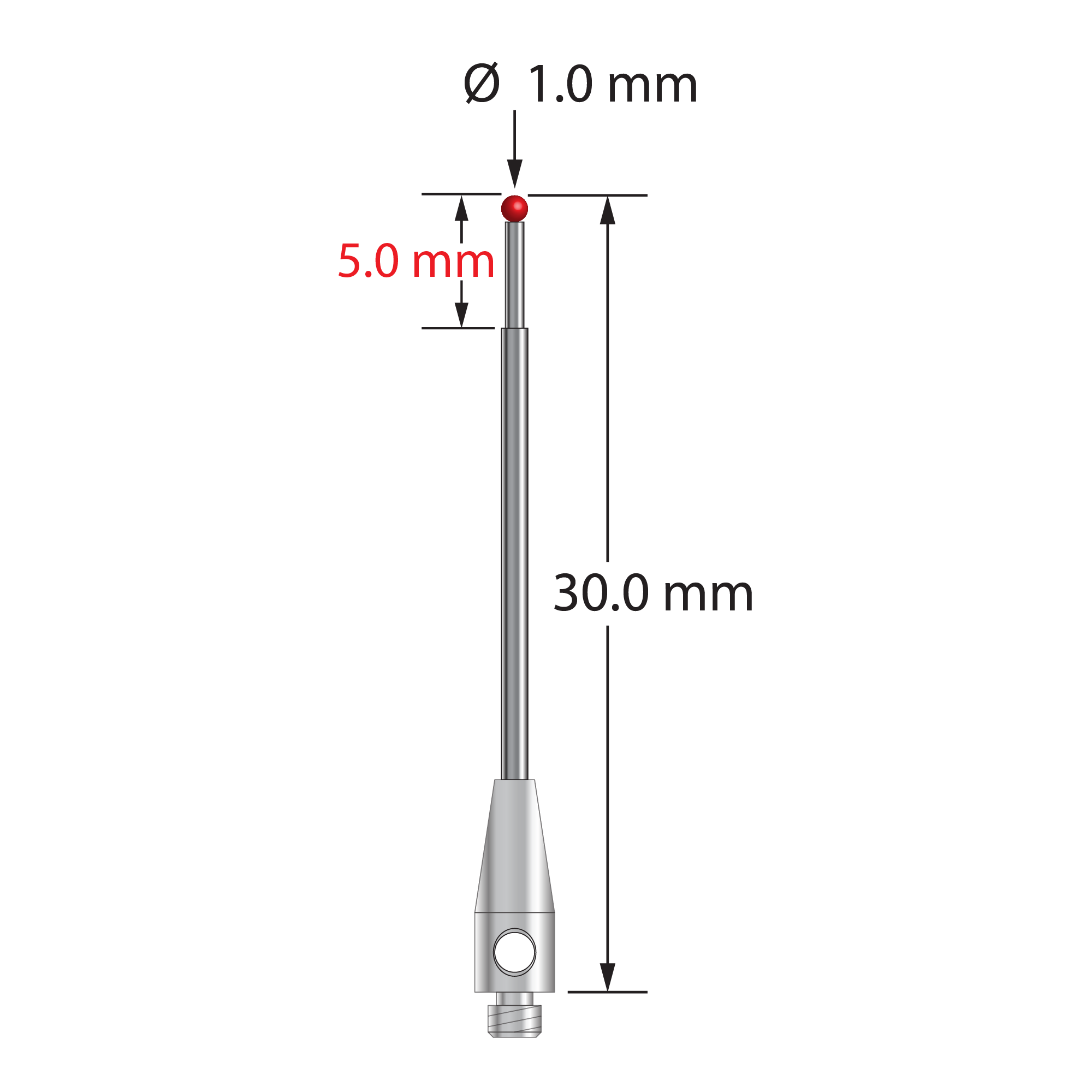TM2-1030 M2 1.0mm ruby ball stylus with carbide stem and stainless steel base, 30mm long.