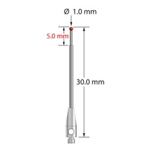 TM2-1030 M2 1.0mm ruby ball stylus with carbide stem and stainless steel base, 30mm long.