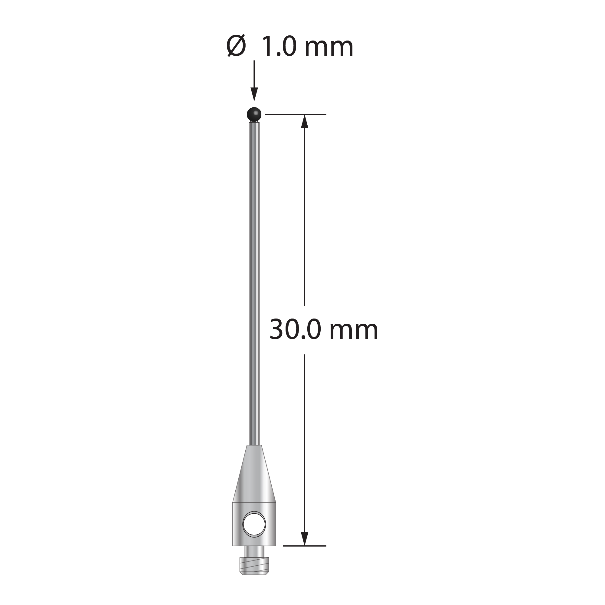 TM2-1030.5-DS.7-SN M2 stylus with 1.0mm silicon nitride ball, carbide stem, stainless steel base.