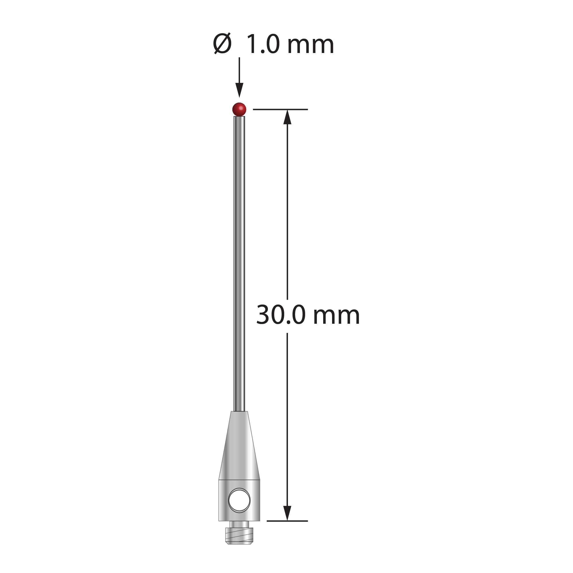 TM2-1030.5-DS.8 M2 stylus with 1.0mm ruby ball, carbide stem, and stainless steel base.
