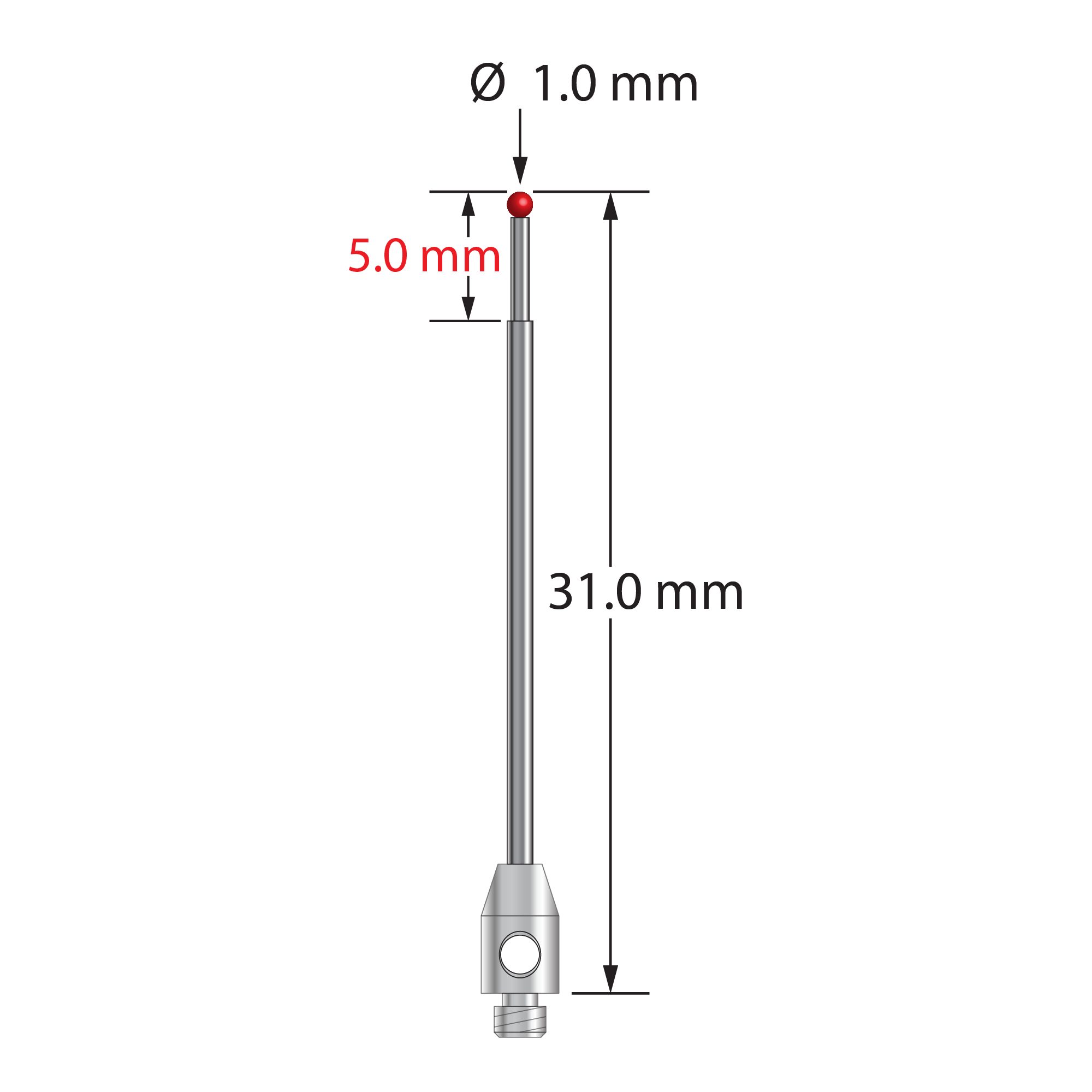 TM2-1031-TX M2 stylus with 1.0mm ruby ball, carbide stem, and stainless steel base, 31.0mm long by Q-Mark Manufacturing, Inc.