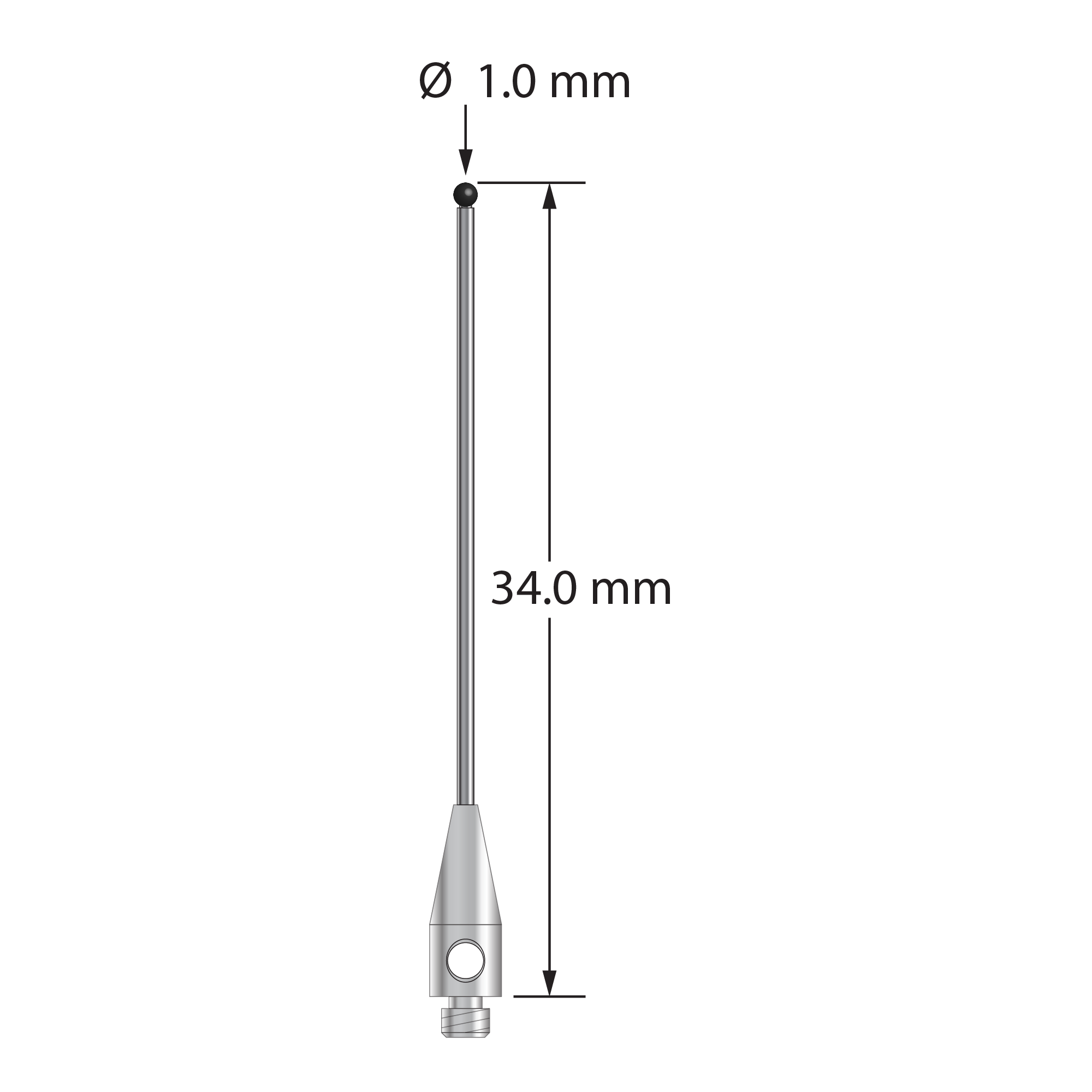 TM2-1034-DS.7-SN M2 stylus with 1.0mm silicon nitride ball, carbide stem, stainless steel base, 34mm long by Q-Mark Manufacturing, Inc.