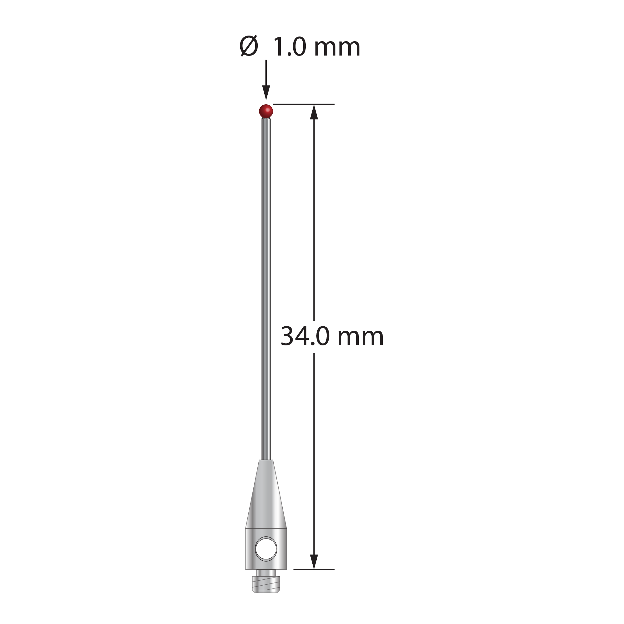 TM2-1034-DS.7 M2 stylus with 1.0mm ruby ball, carbide stem, and stainless steel base, 34.0mm long by Q-Mark Manufacturing, Inc.