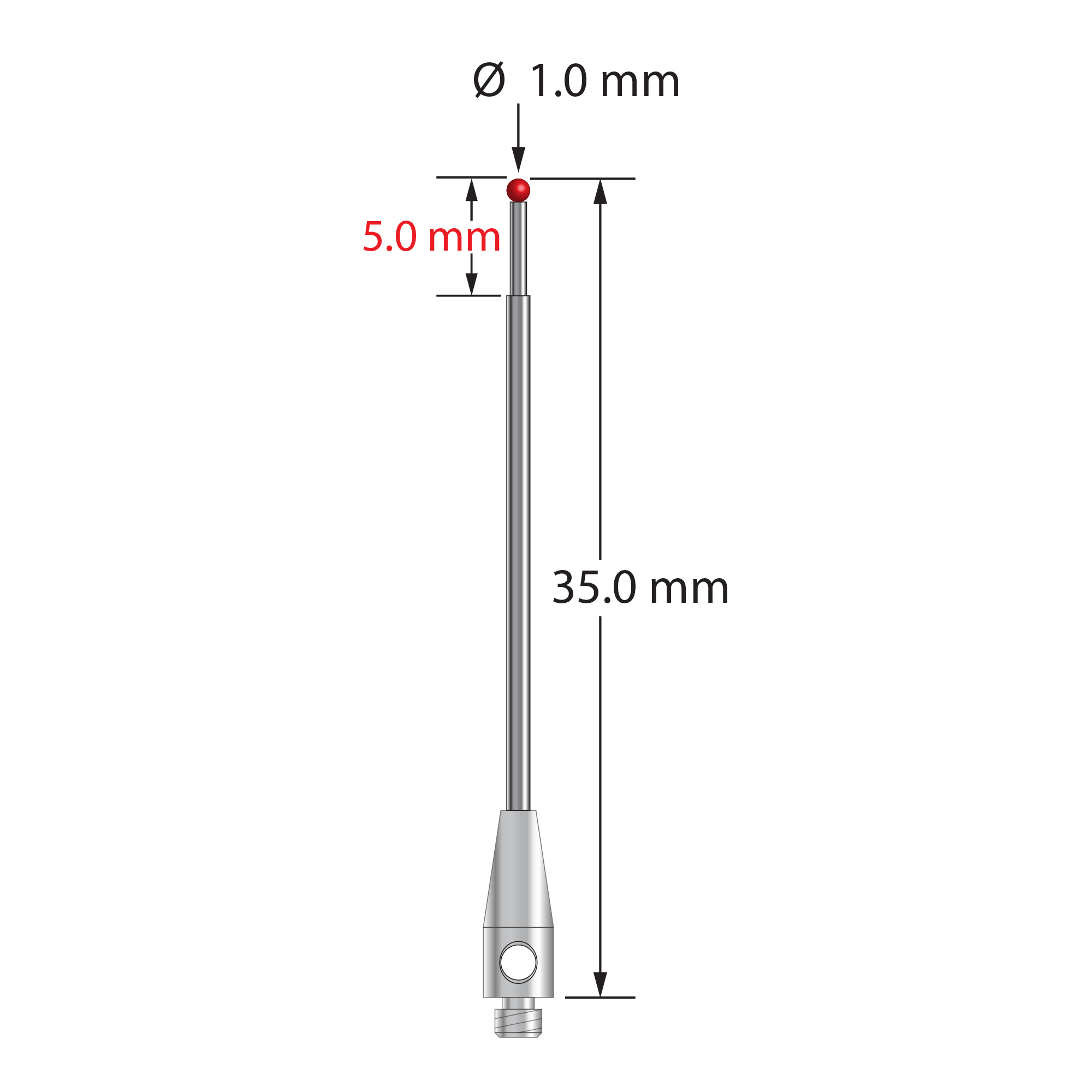TM2-1035 M2 1.0mm ruby ball, carbide stem, stainless steel base stylus by Q-Mark Manufacturing, Inc.
