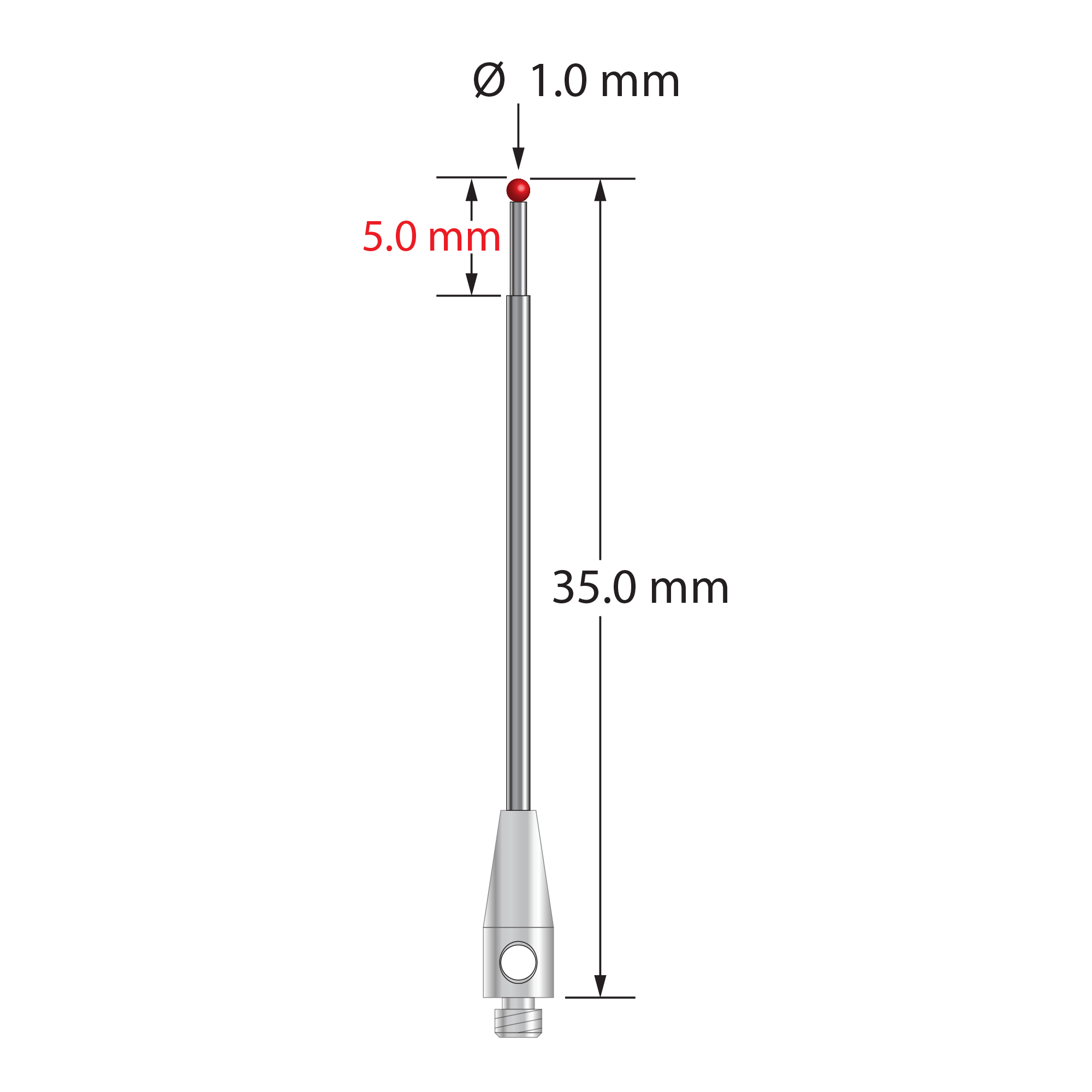 M2 stylus with 1.0 mm diameter ruby ball, stepped carbide stem, and 3.0 mm diameter x 8.0 mm long stainless steel base. Minor stem diameter is 0.7 mm, major diameter is 1.0 mm. Overall stylus length is 35.0 mm. Stylus weight is 0.57 gram.