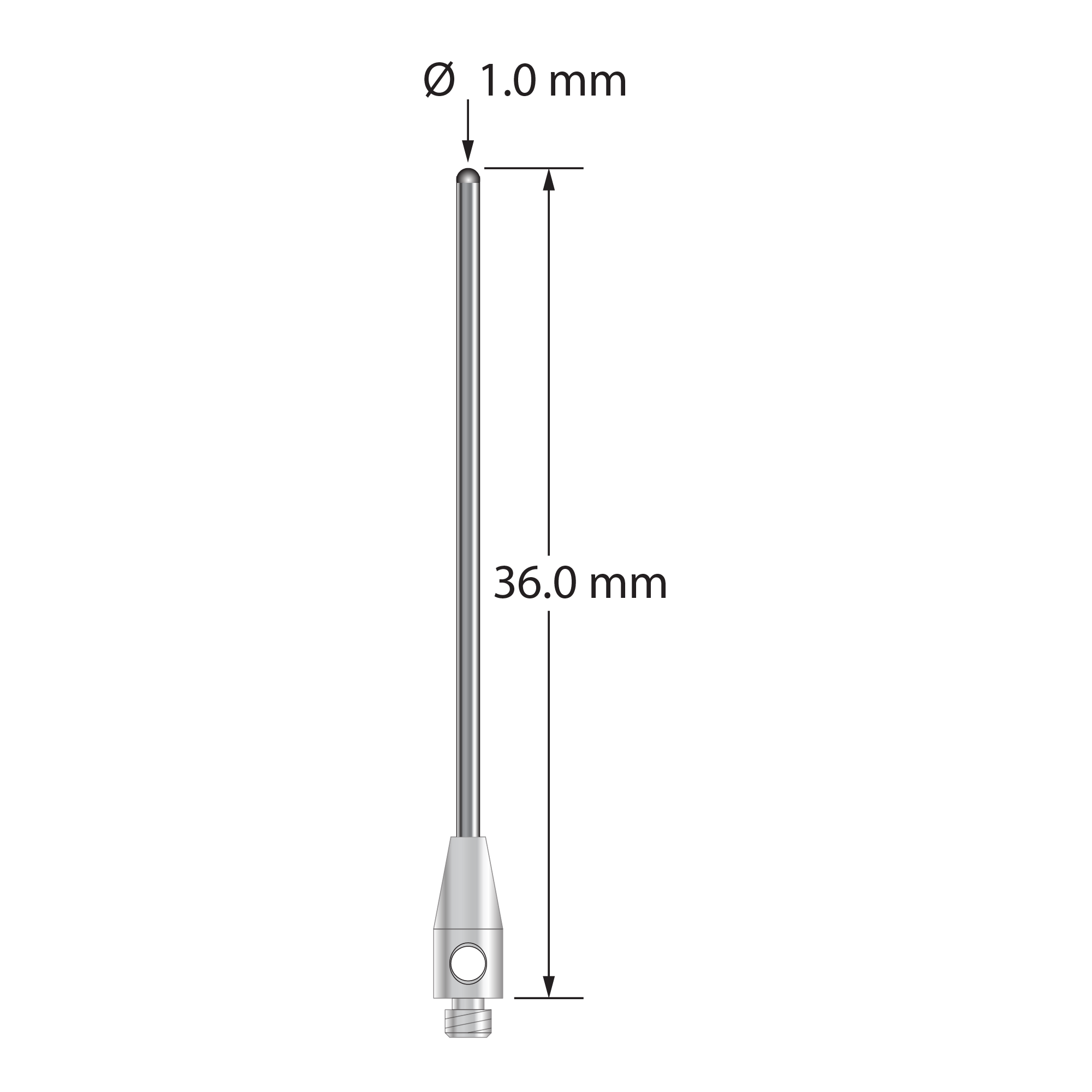 TM2-1036-BC M2 stylus with 1.0mm carbide cylinder and stainless steel base, 36.0mm long by Q-Mark Manufacturing, Inc.