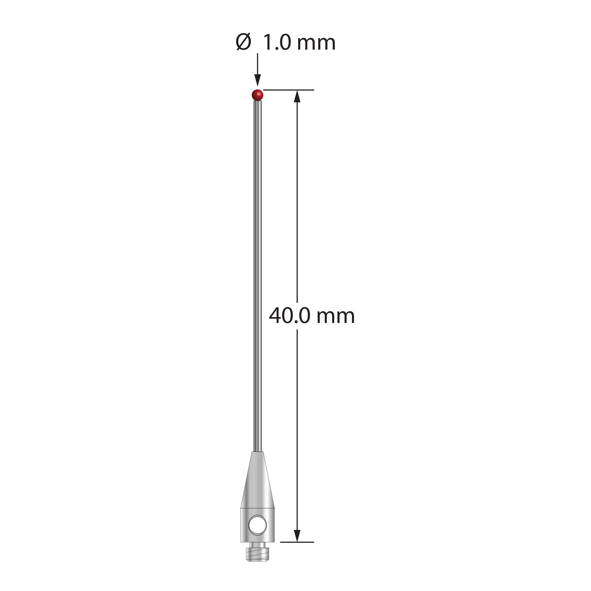 TM2-1040-DS.7 M2 stylus with 1.0mm ruby ball, carbide stem, and stainless steel base, 40mm long by Q-Mark Manufacturing, Inc.