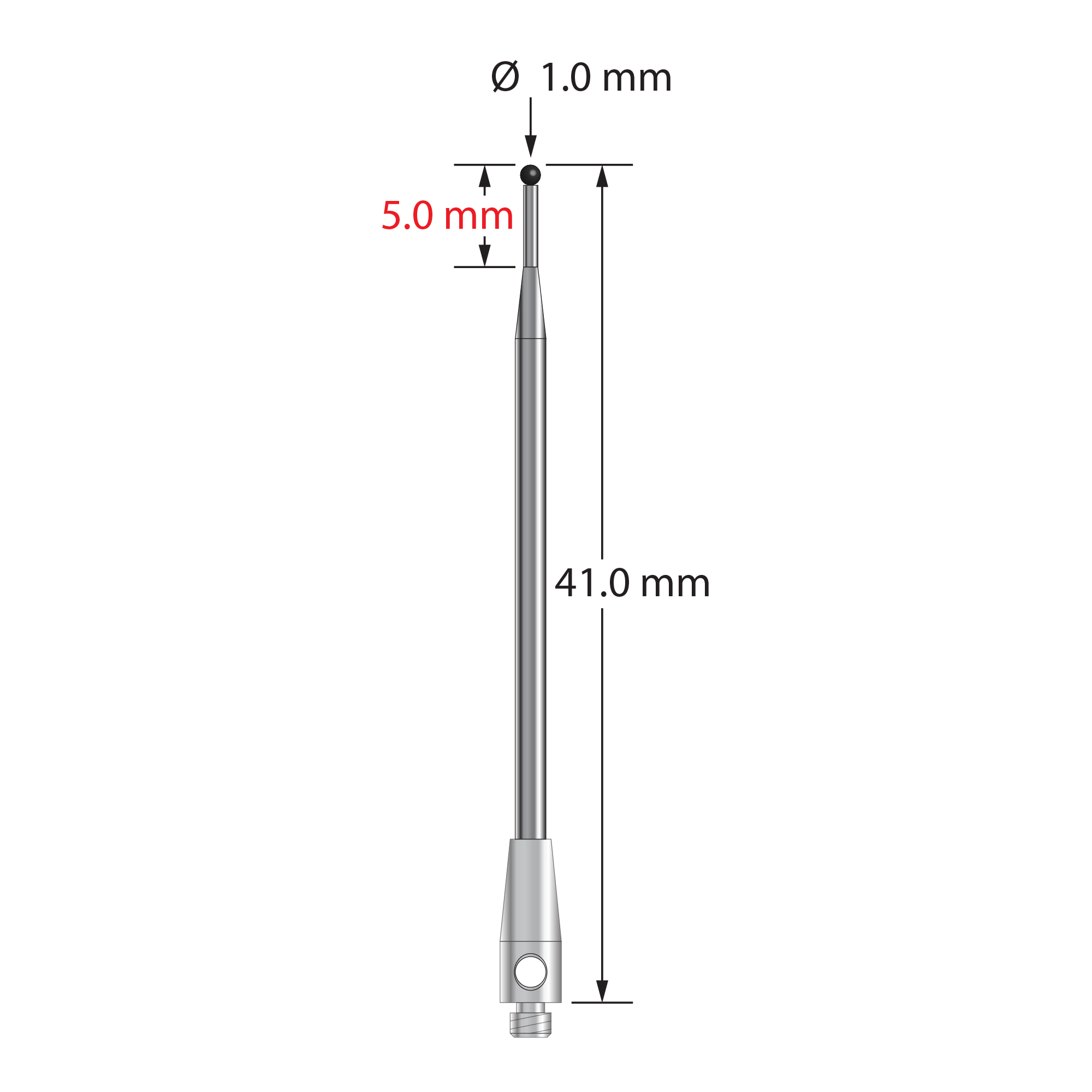 TM2-1041-SN M2 stylus with 1.0mm silicon nitride ball, tapered carbide stem, and stainless steel base, 41.0mm long.