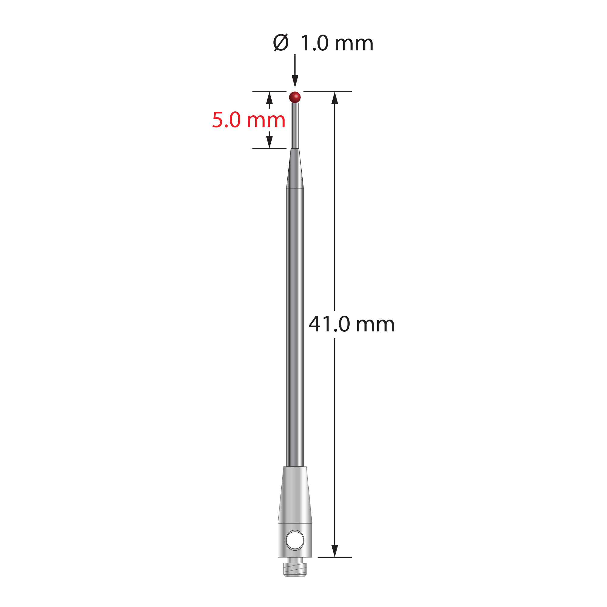 TM2-1041 M2 stylus with 1.0mm ruby ball, tapered carbide stem, and stainless steel base by Q-Mark Manufacturing, Inc.