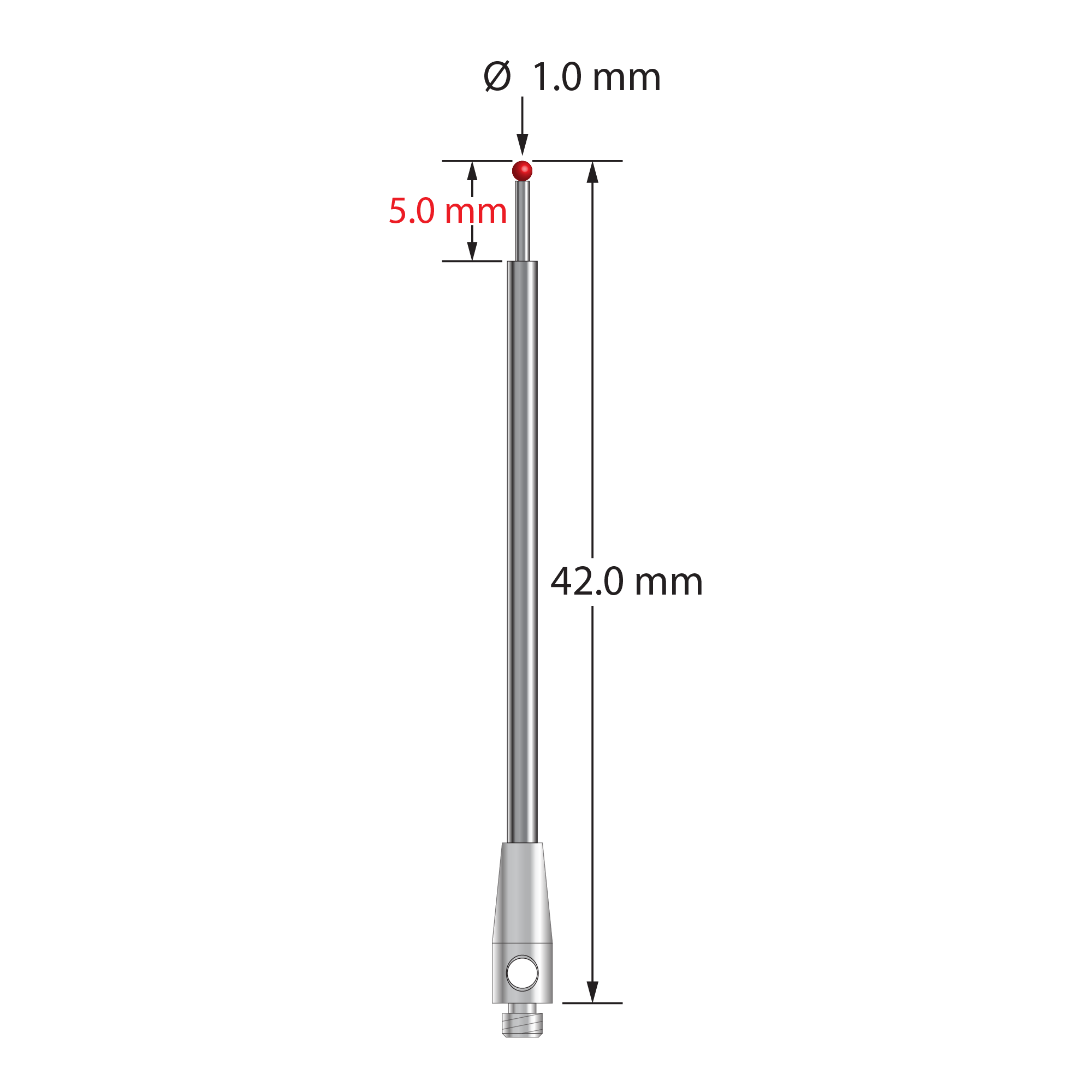TM2-1042 M2 stylus with 1.0mm ruby ball, stepped carbide stem, and stainless steel base, 42mm long.