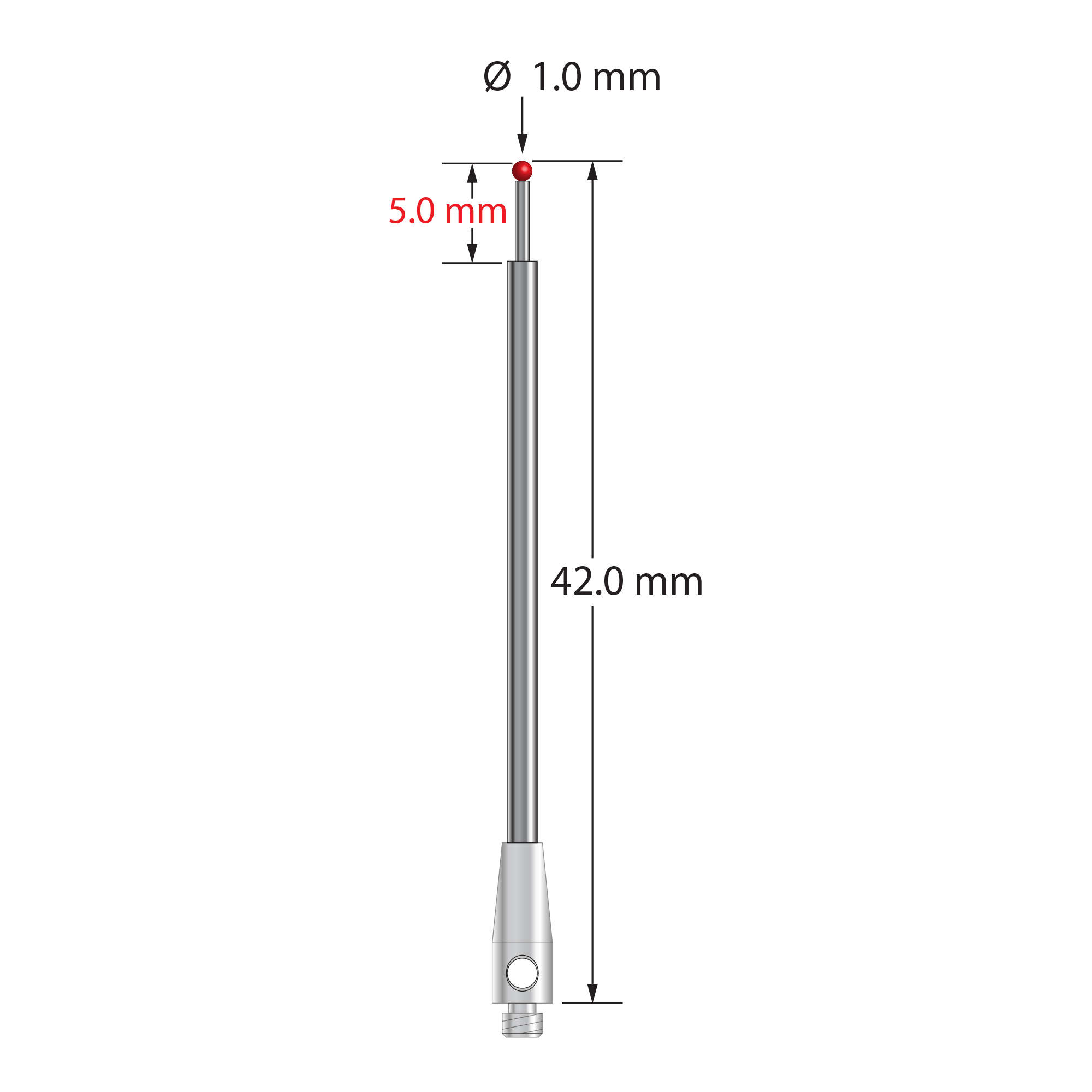M2 stylus with 1.0 mm diameter ruby ball, stepped carbide stem, and 3.0 mm diameter x 8.0 mm long stainless steel base. &nbsp;Minor stem diameter is 0.7 mm, major diameter is 1.5 mm. &nbsp;Overall stylus length is 42.0 mm. &nbsp;Stylus weight is 1.16 grams.