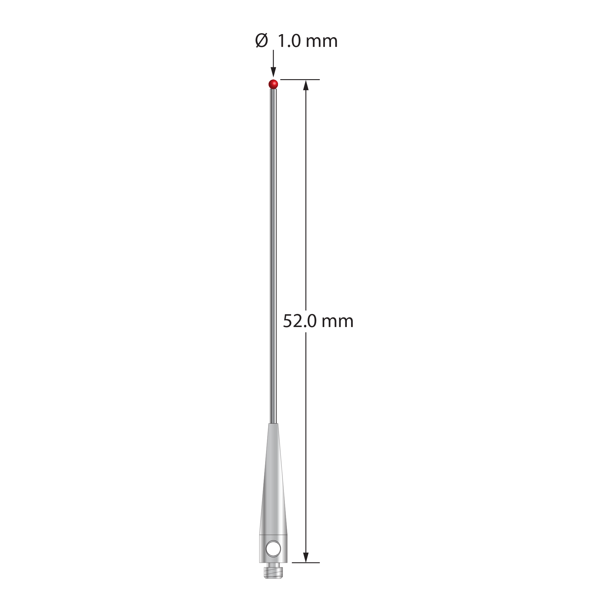 TM2-1052-DS.7 M2 stylus with 1.0mm ruby ball, carbide stem, and stainless steel base, 52.0mm long.