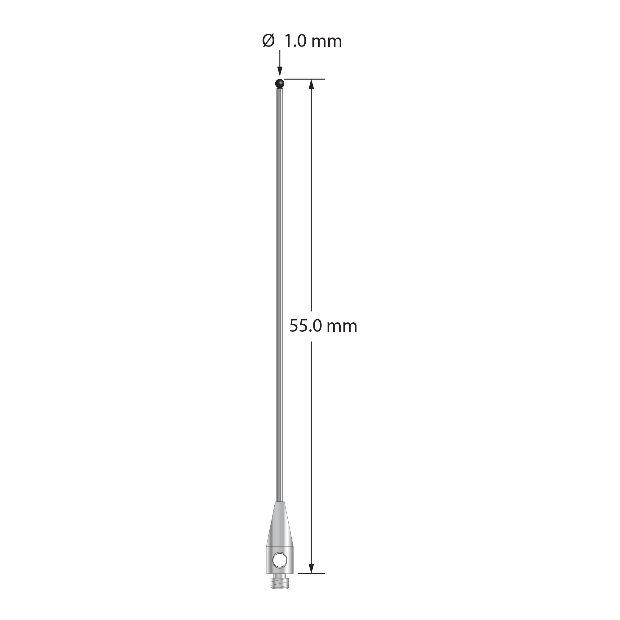 TM2-1055-DS.7-SN M2 stylus with 1.0mm silicon nitride ball, carbide stem, and stainless steel base, 55.0mm long by Q-Mark Manufacturing, Inc.