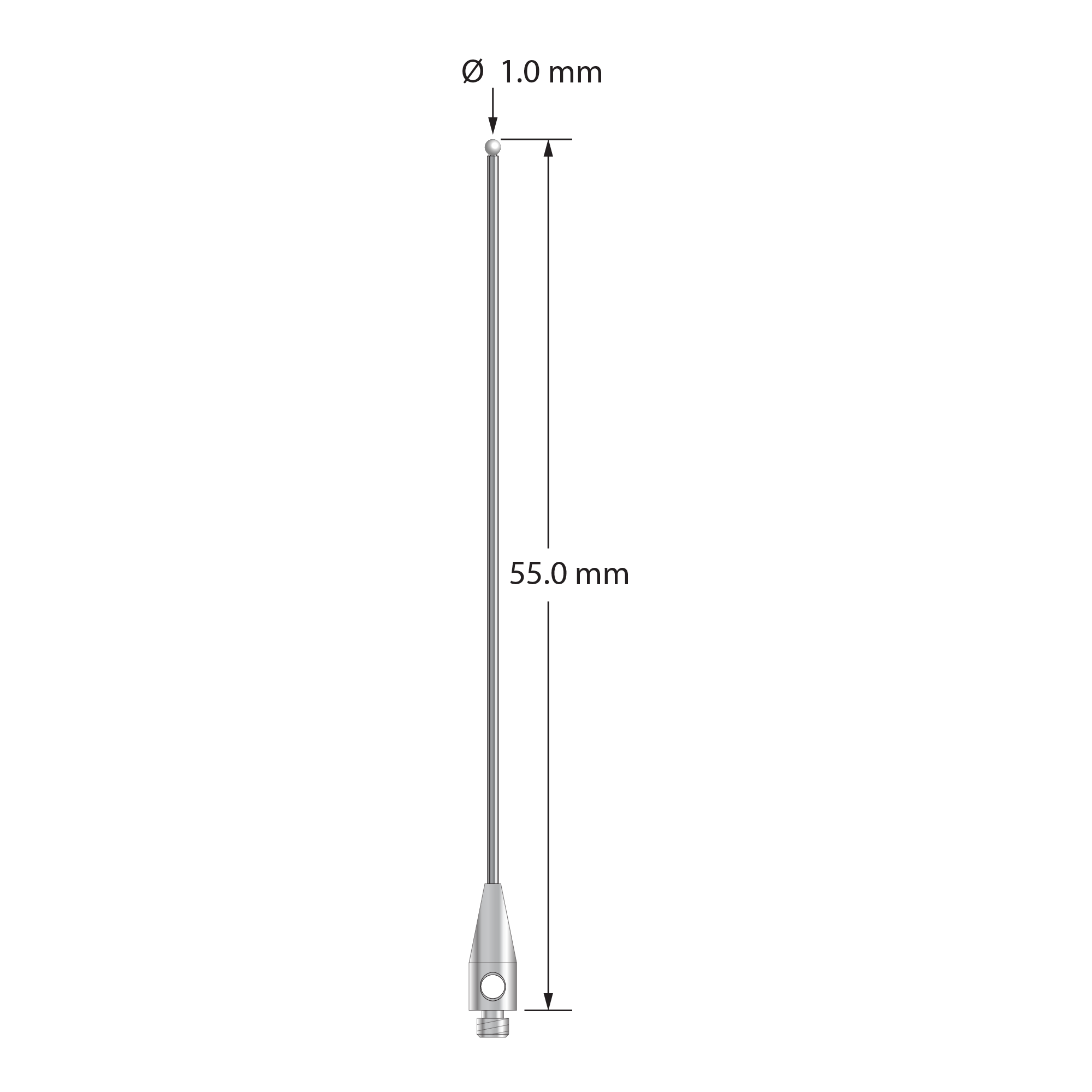 TM2-1055-DS.7 M2 stylus, 1.0mm ruby ball, carbide stem, stainless steel base, 55.0mm long by Q-Mark Manufacturing, Inc.