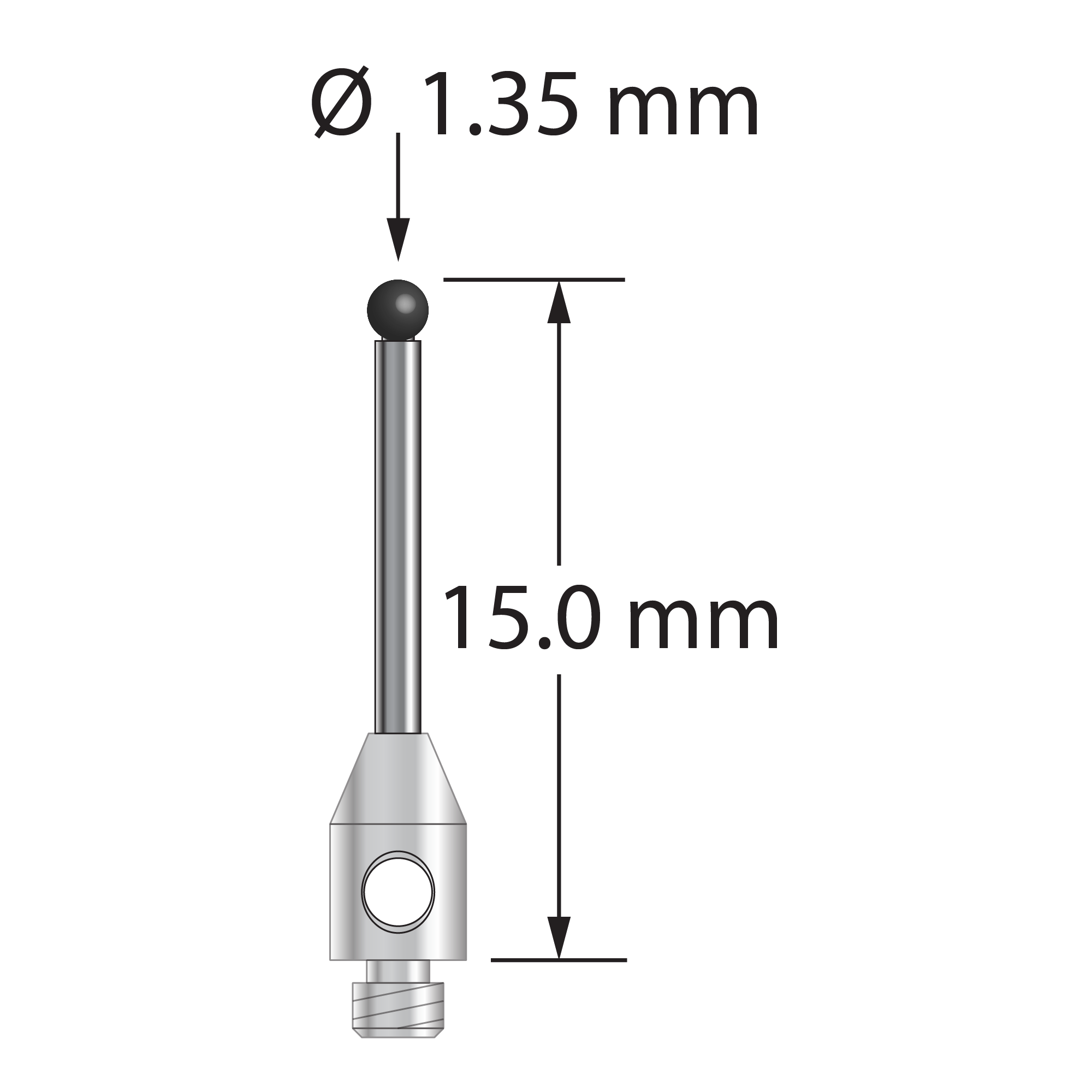 TM2-1315-SN M2 stylus with 1.35mm silicon nitride ball, carbide stem, and stainless steel base, 15mm long.
