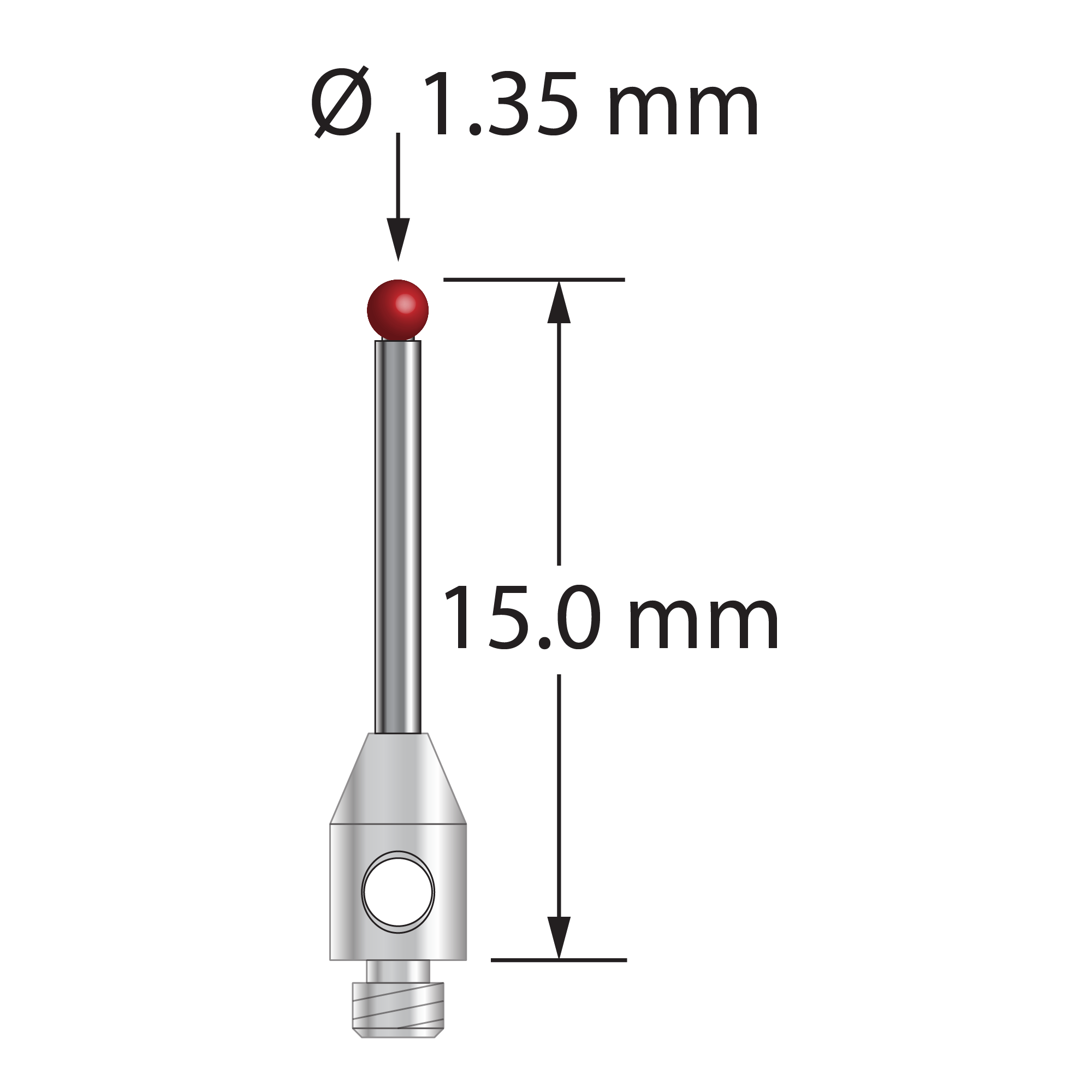 TM2-1315 M2 stylus with 1.35mm ruby ball, carbide stem, and stainless steel base, 15mm long by Q-Mark Manufacturing, Inc.