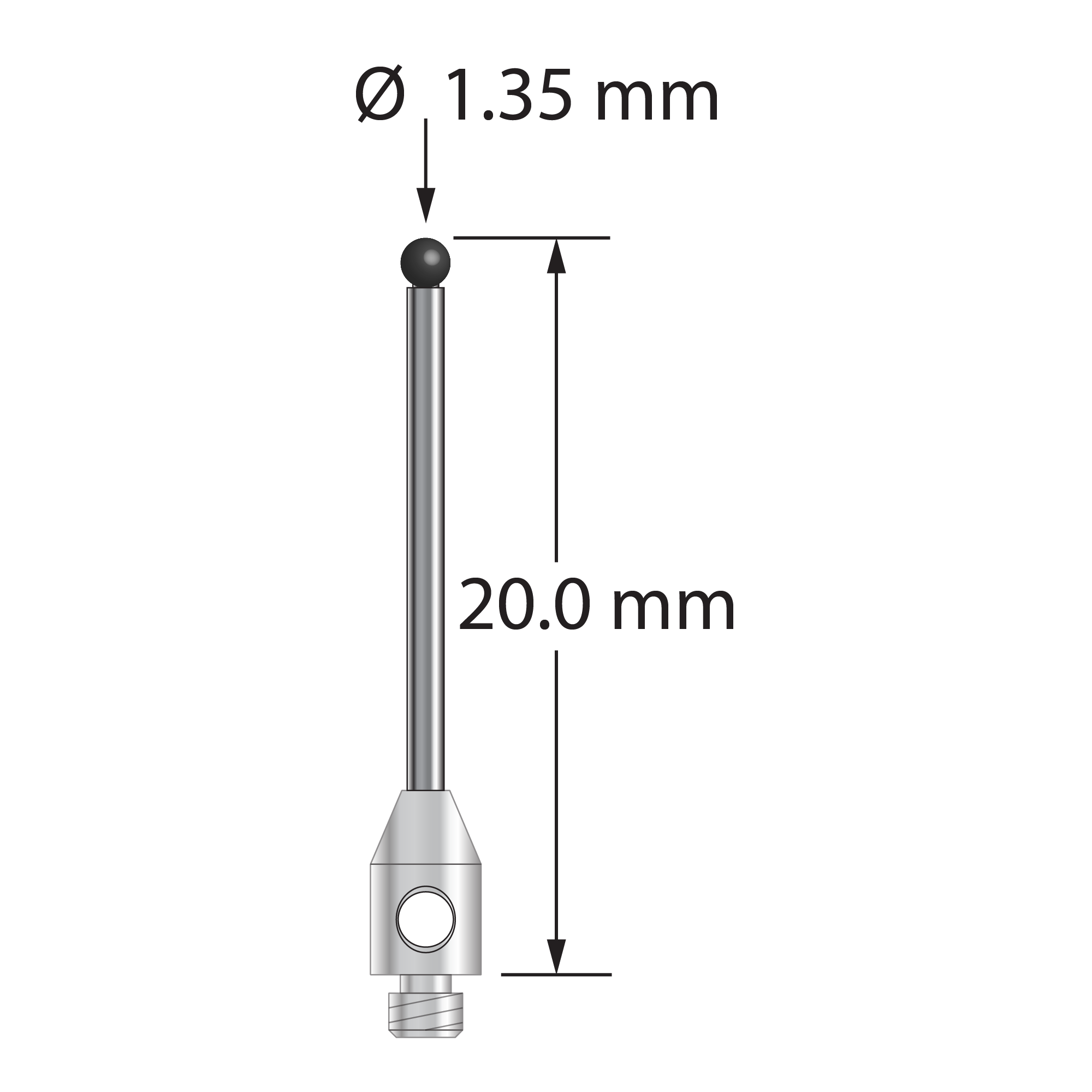 TM2-1320-SN M2 stylus with 1.35mm silicon nitride ball, carbide stem, and stainless steel base.