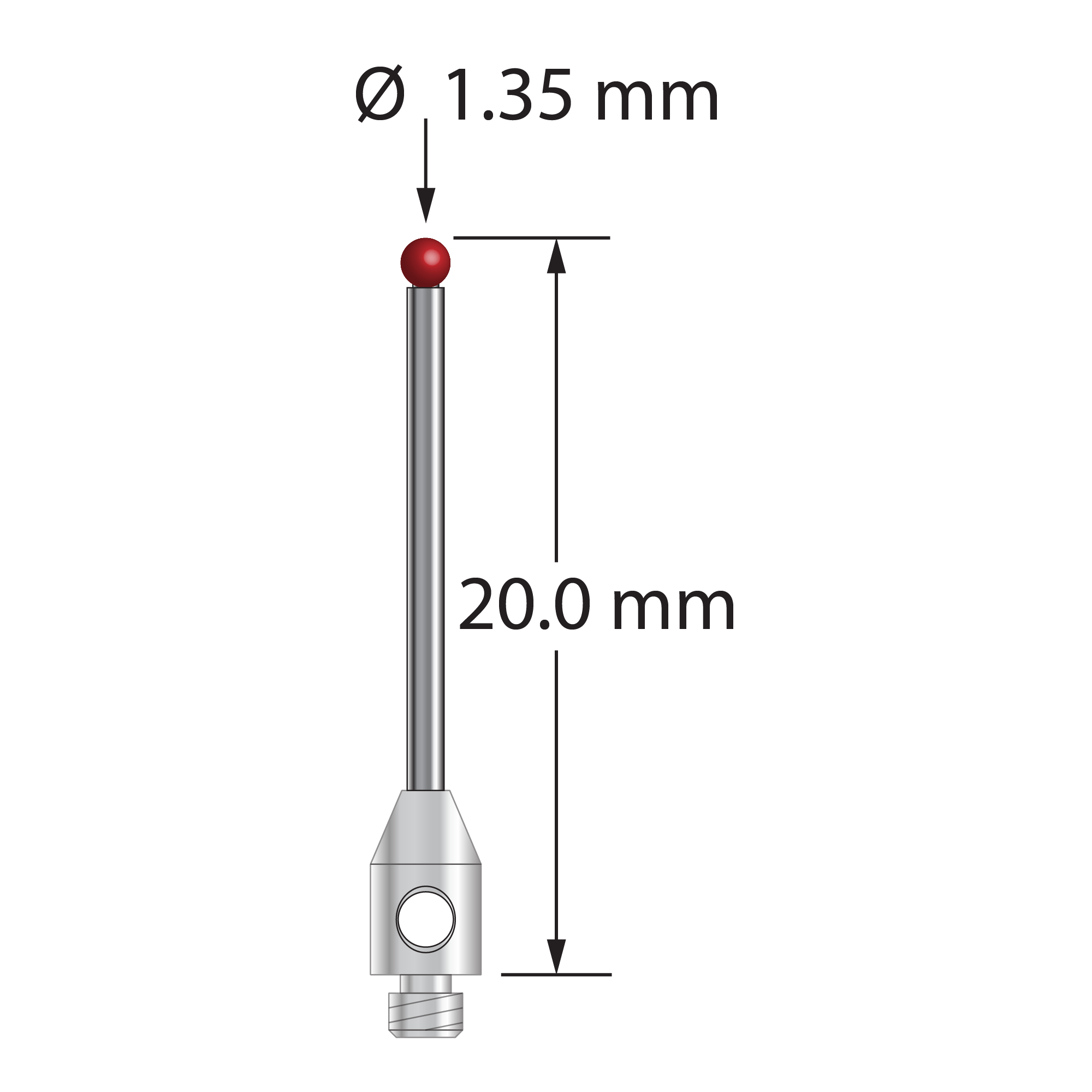 TM2-1320 M2 stylus with 1.35mm ruby ball, carbide stem, and stainless steel base, 20mm long.