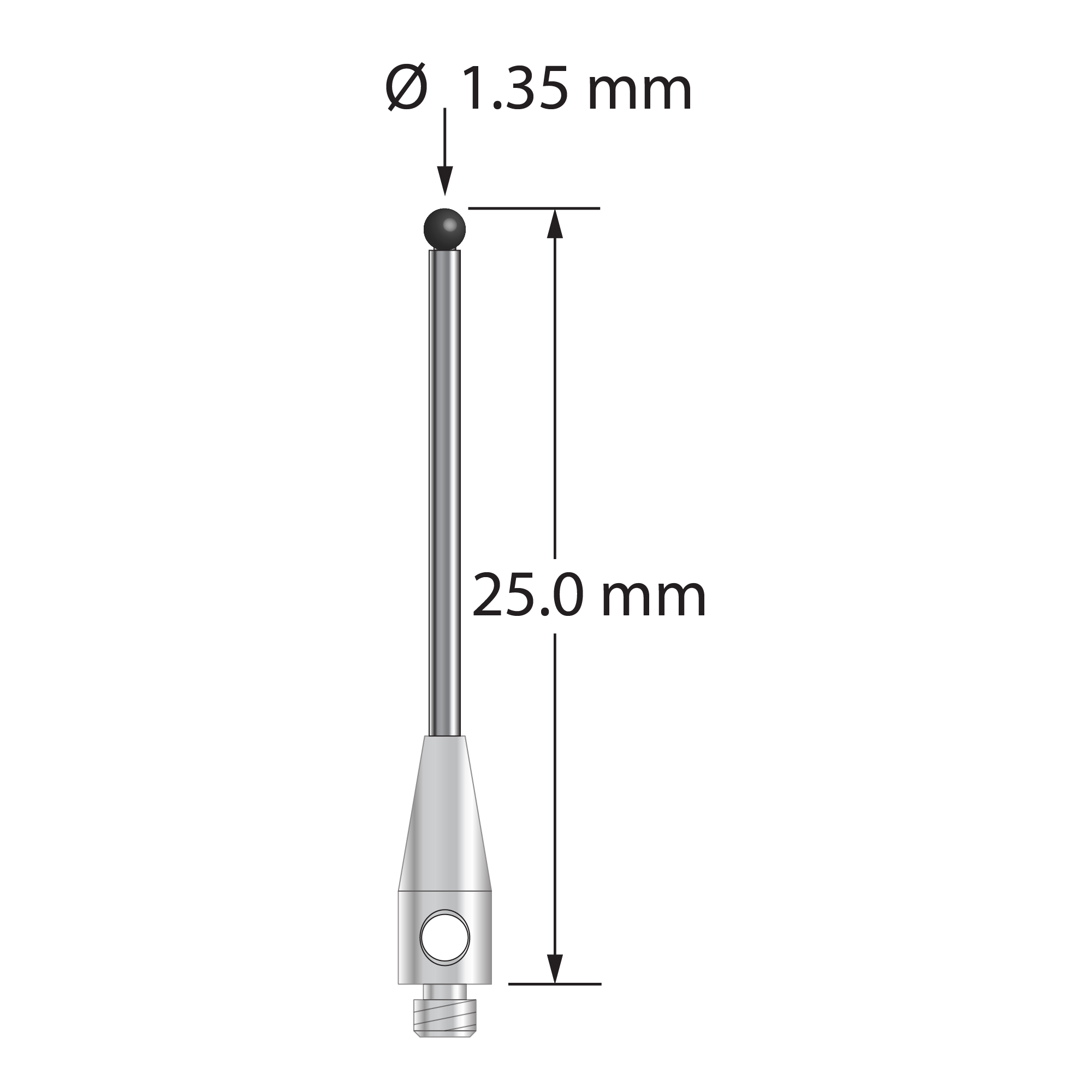 TM2-1325-SN M2 stylus with 1.35mm silicon nitride ball, carbide stem, and stainless steel base, 25mm long.