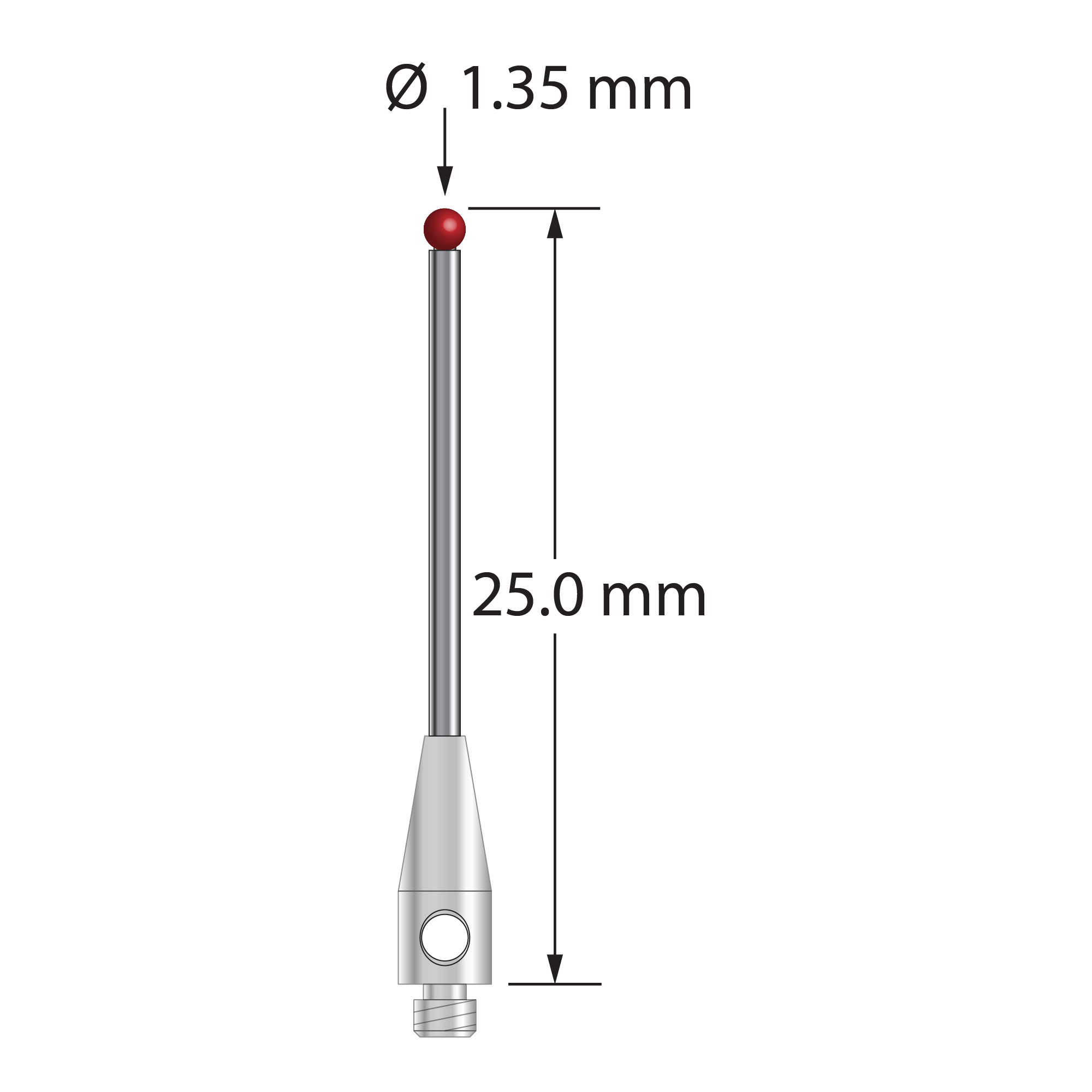 TM2-1325 M2 stylus with 1.35mm ruby ball, carbide stem, and stainless steel base, 25mm long by Q-Mark Manufacturing, Inc.