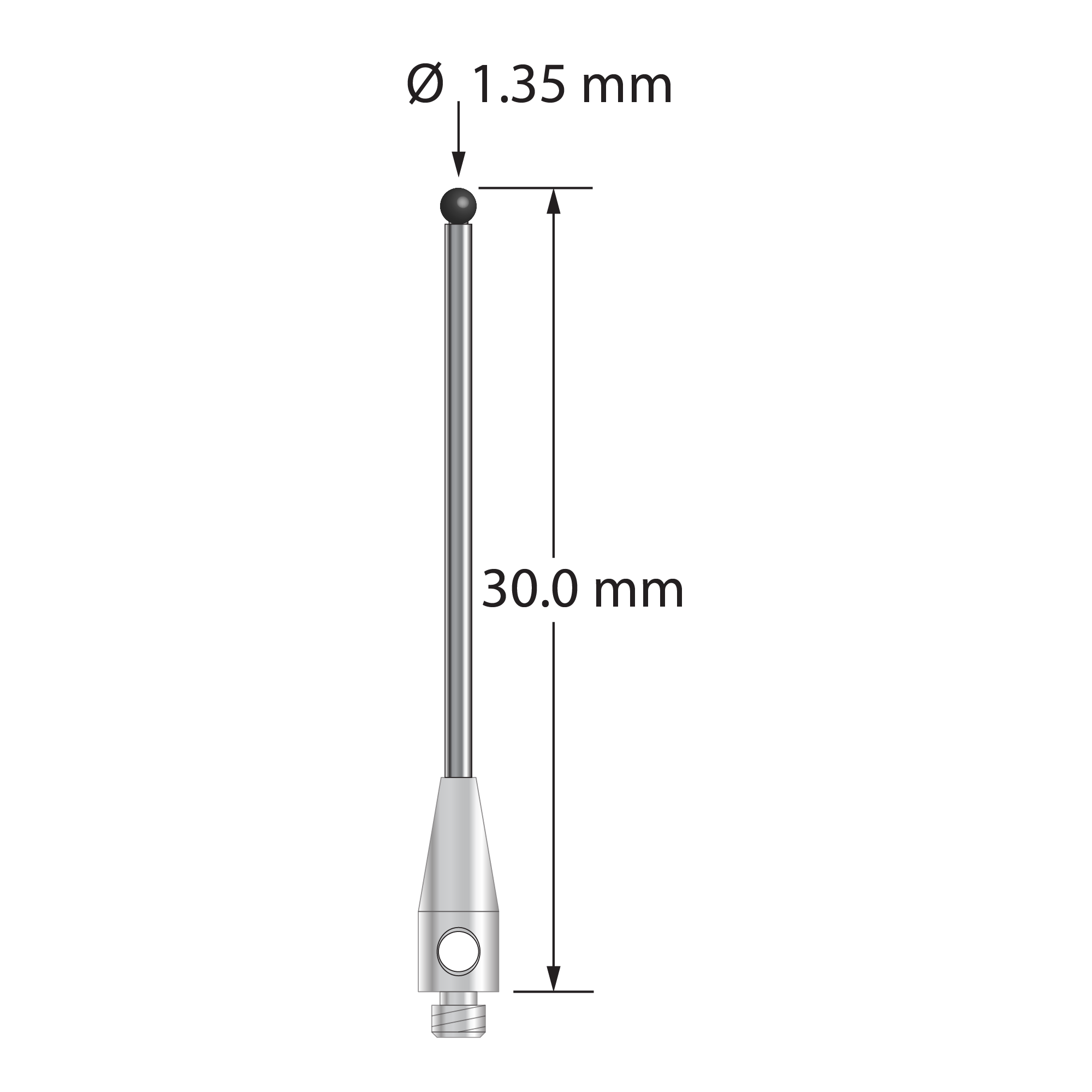 TM2-1330-SN M2 stylus with 1.35mm silicon nitride ball, carbide stem, and stainless steel base, 30mm long.