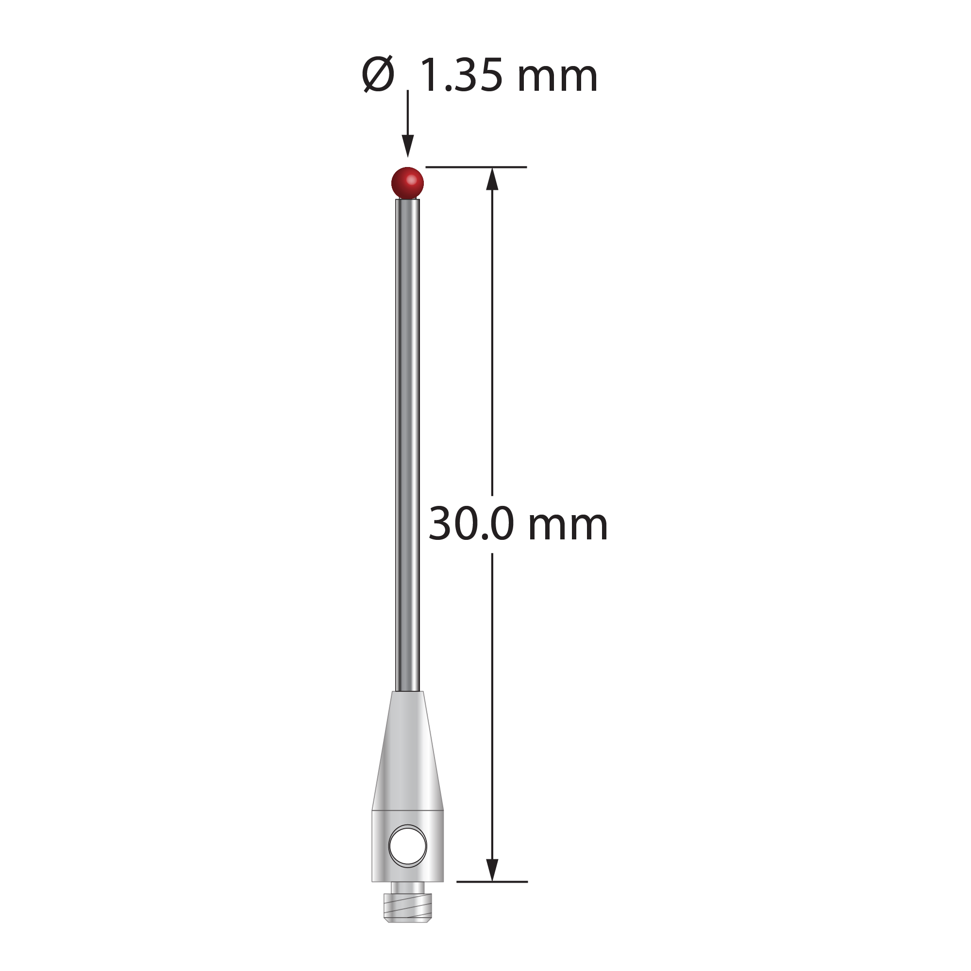 TM2-1330 M2 stylus with 1.35mm ruby ball, carbide stem, and stainless steel base, 30mm long by Q-Mark Manufacturing, Inc.