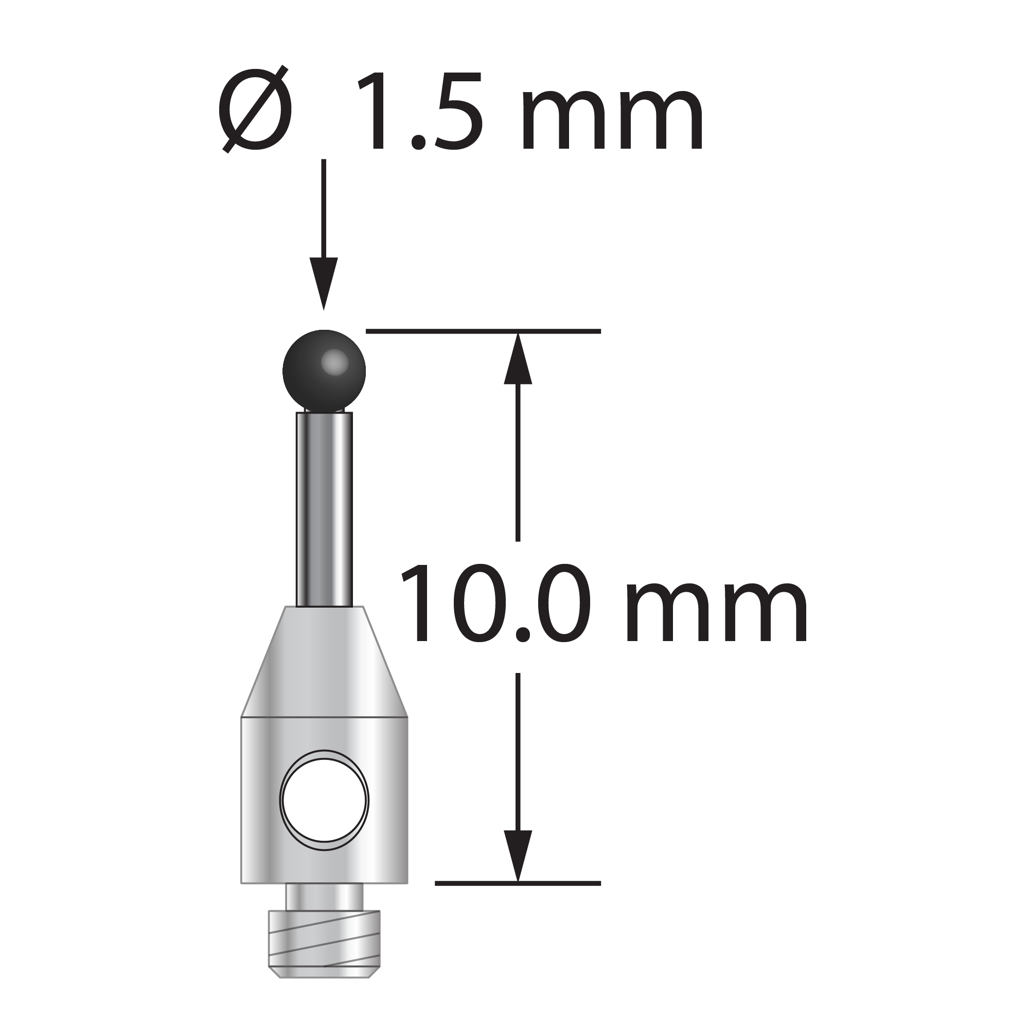 TM2-1510-SN M2 stylus with 1.5mm silicon nitride ball, carbide stem, and stainless steel base, 10mm long.