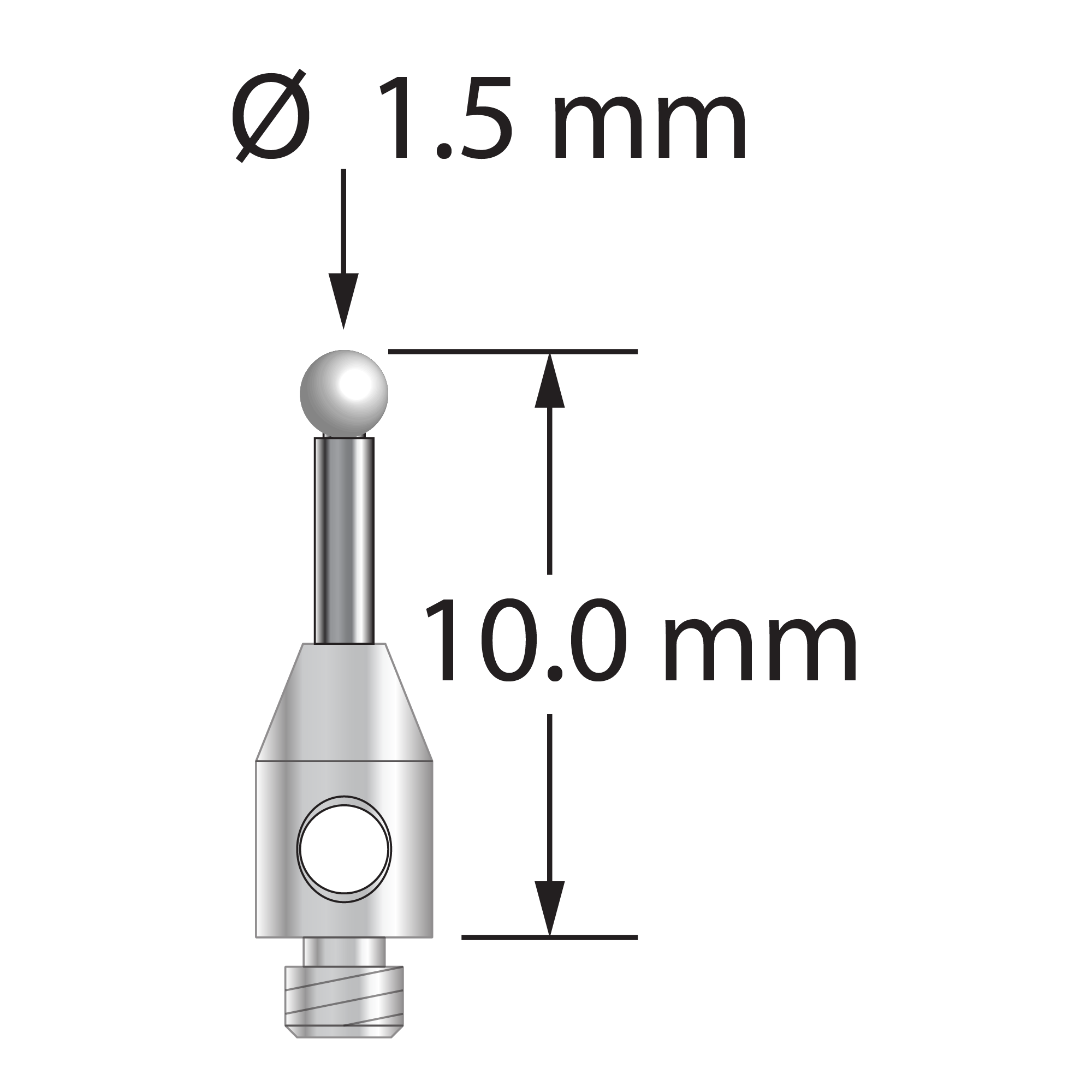 TM2-1510-Z M2 stylus with 1.5mm zirconia ball, carbide stem, and stainless steel base, 10mm long.