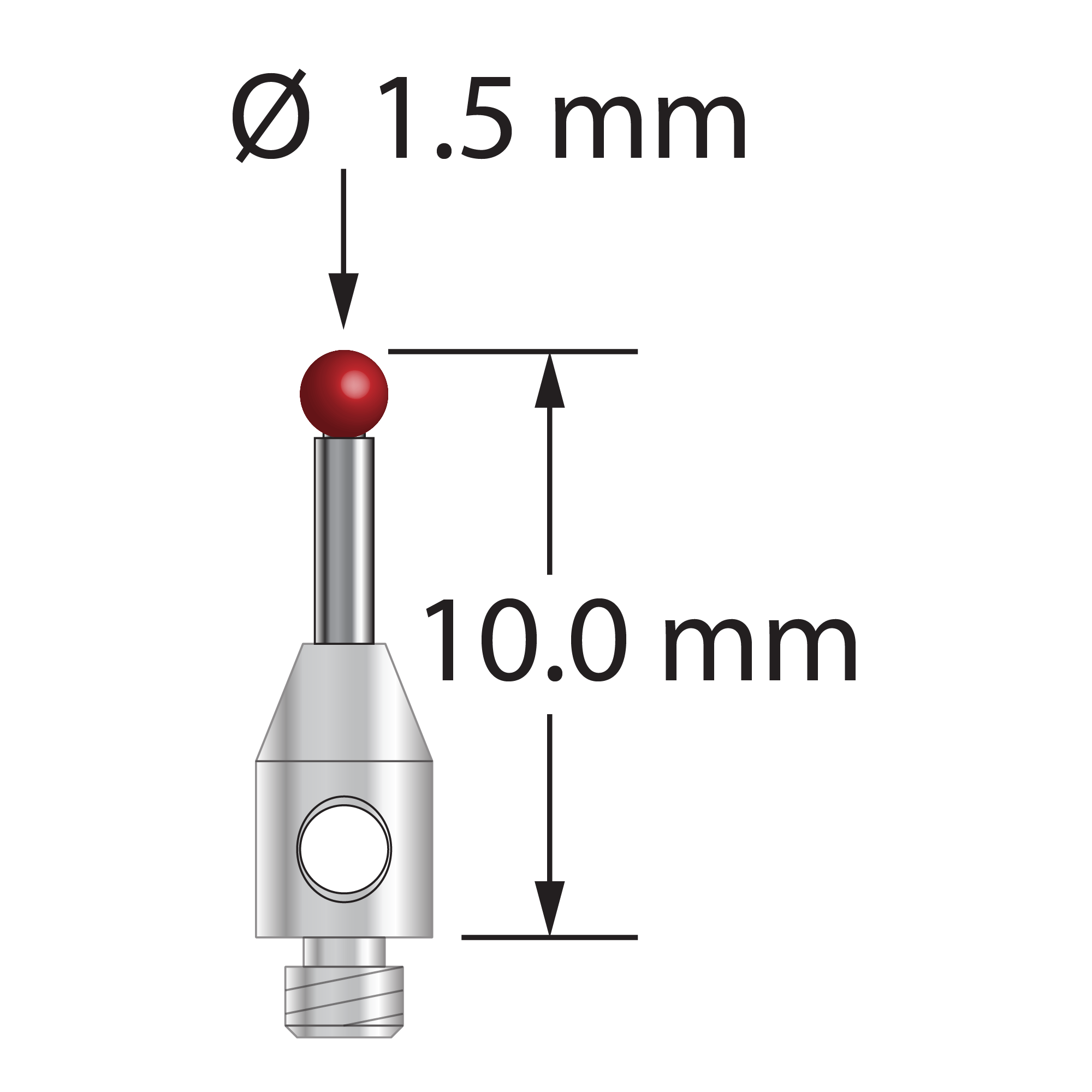 TM2-1510 M2 1.5mm ruby ball stylus with carbide stem and stainless steel base, 10mm long.