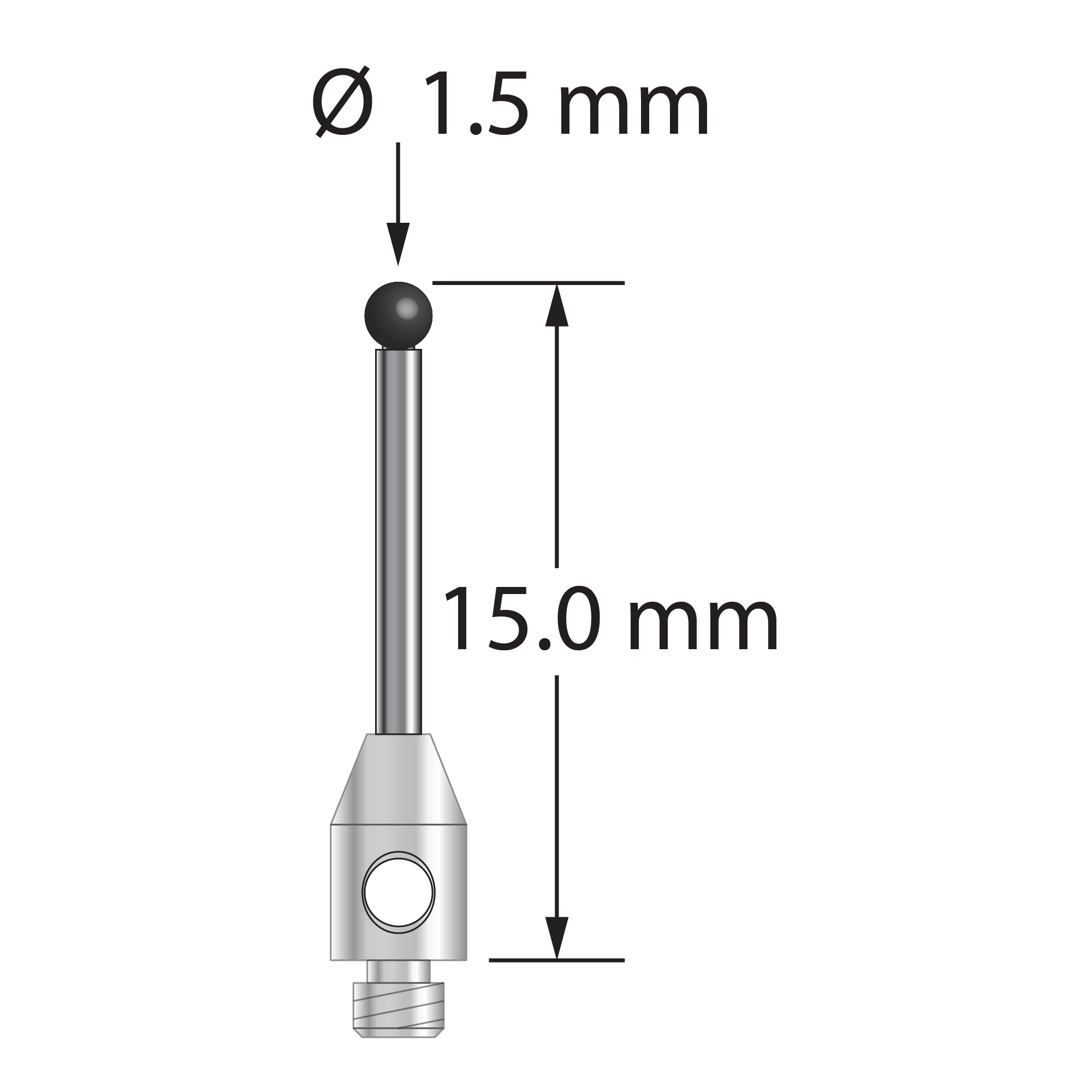 TM2-1515-SN stylus with 1.5mm silicon nitride ball, carbide stem, and stainless steel base.