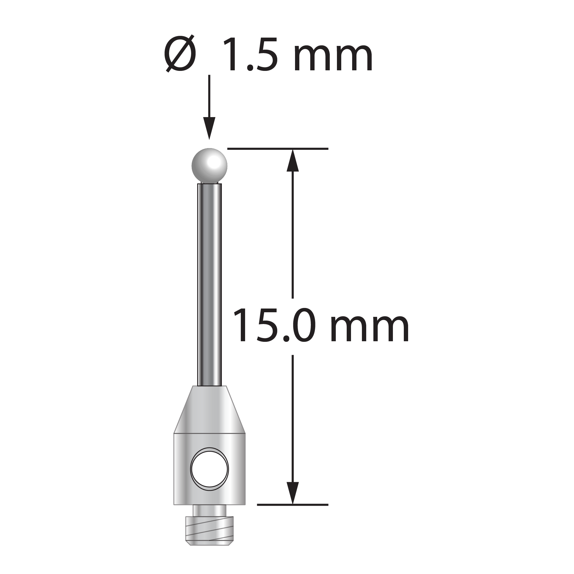 TM2-1515-Z M2 stylus with 1.5mm zirconia ball, carbide stem, and stainless steel base, 15mm long.