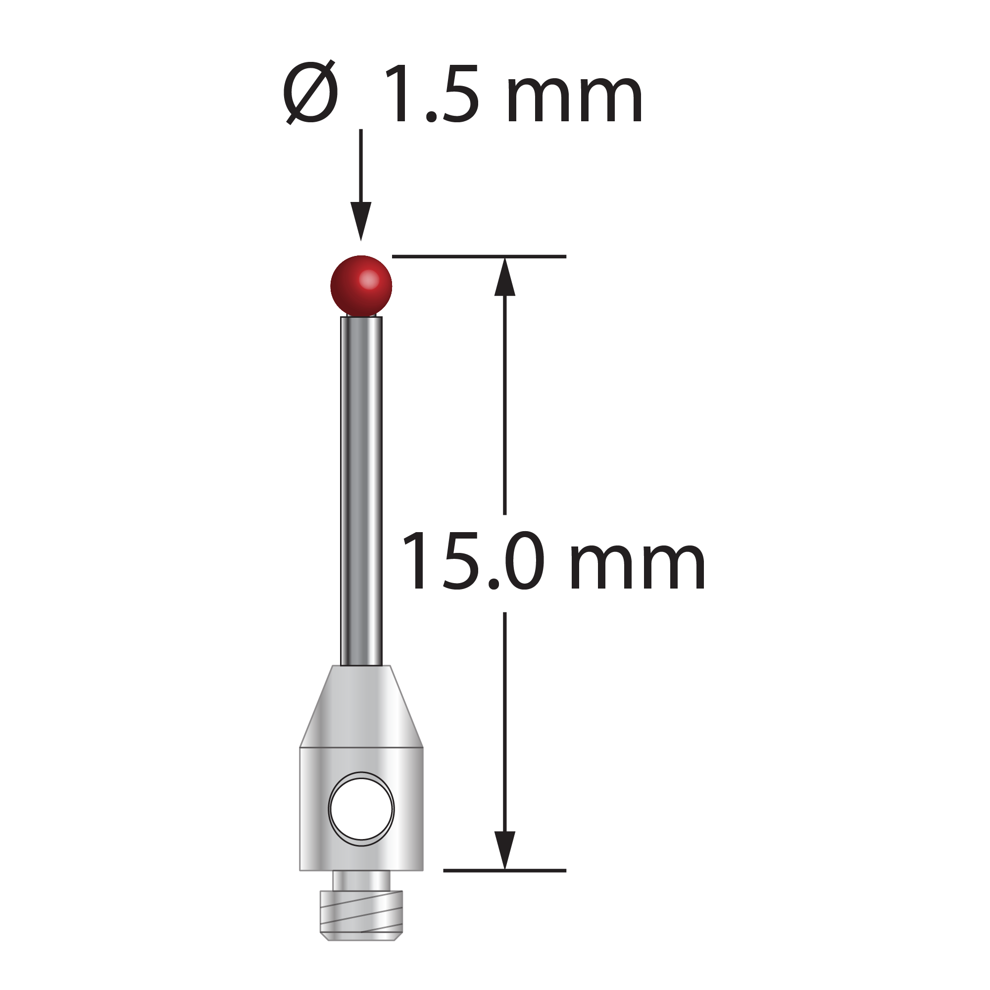 TM2-1515 M2 stylus with 1.5mm ruby ball, carbide stem, and stainless steel base, 15mm long.