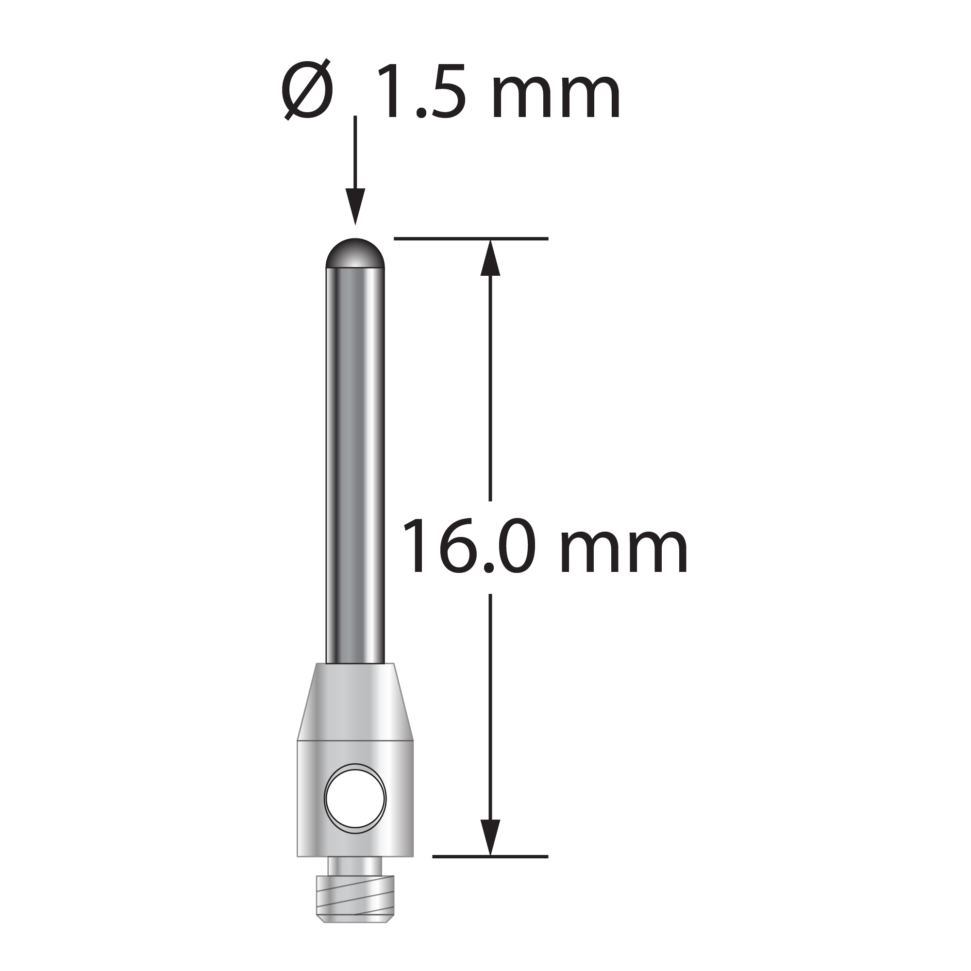 TM2-1516-BC M2 stylus with 1.5mm carbide cylinder and stainless steel base, 16mm long.