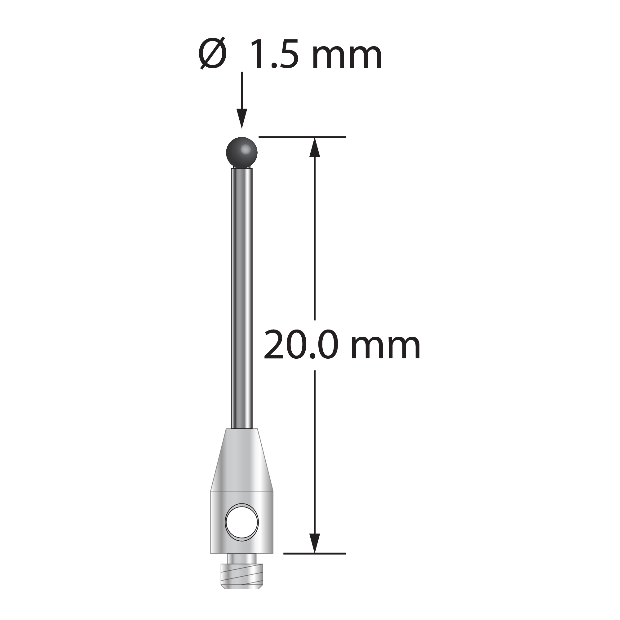 TM2-1520-06-SN M2 stylus with 1.5mm silicon nitride ball, carbide stem, and stainless steel base, 20mm long.
