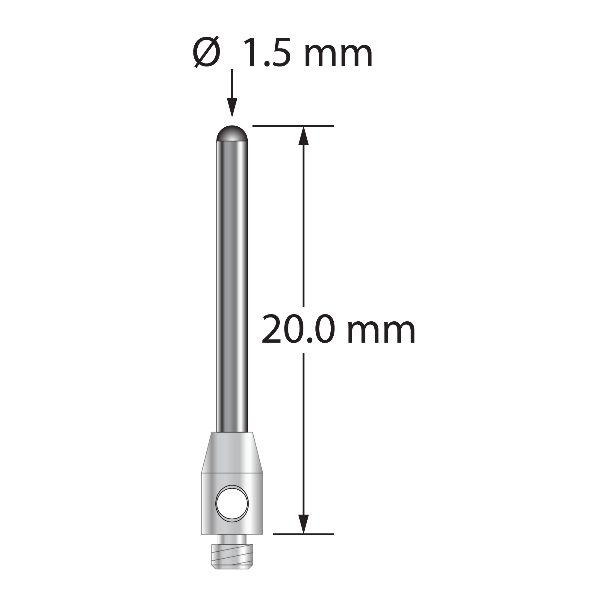 TM2-1520-BC M2 stylus with 1.5mm carbide cylinder and stainless steel base, 25mm long.