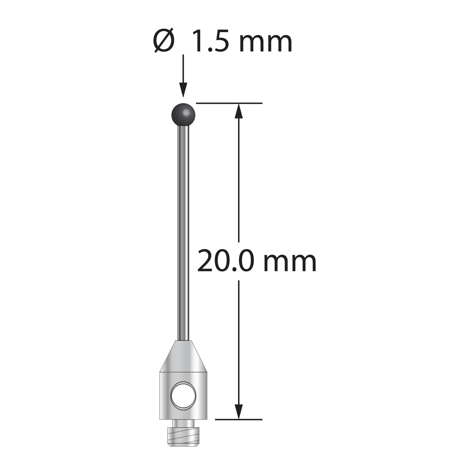 M2 stylus with 1.5 mm diameter silicon nitride ball, 0.7 mm diameter carbide stem, and 3.0 mm diameter x 5.0 mm long stainless steel base. Overall stylus length is 20.0 mm. Stylus weight is 0.34 gram.