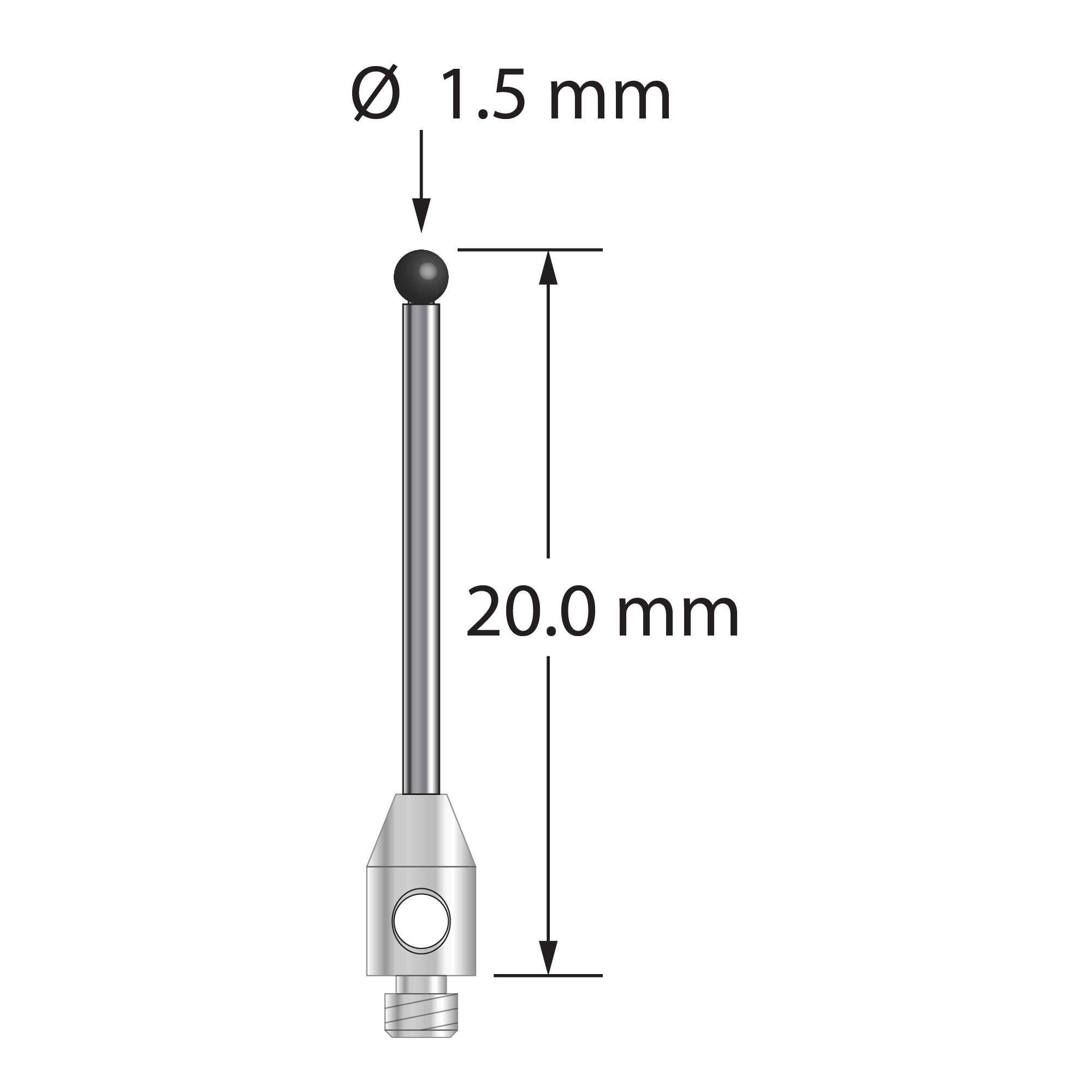 TM2-1520-SN M2 stylus with 1.5mm silicon nitride ball, carbide stem, and stainless steel base, 20mm long.