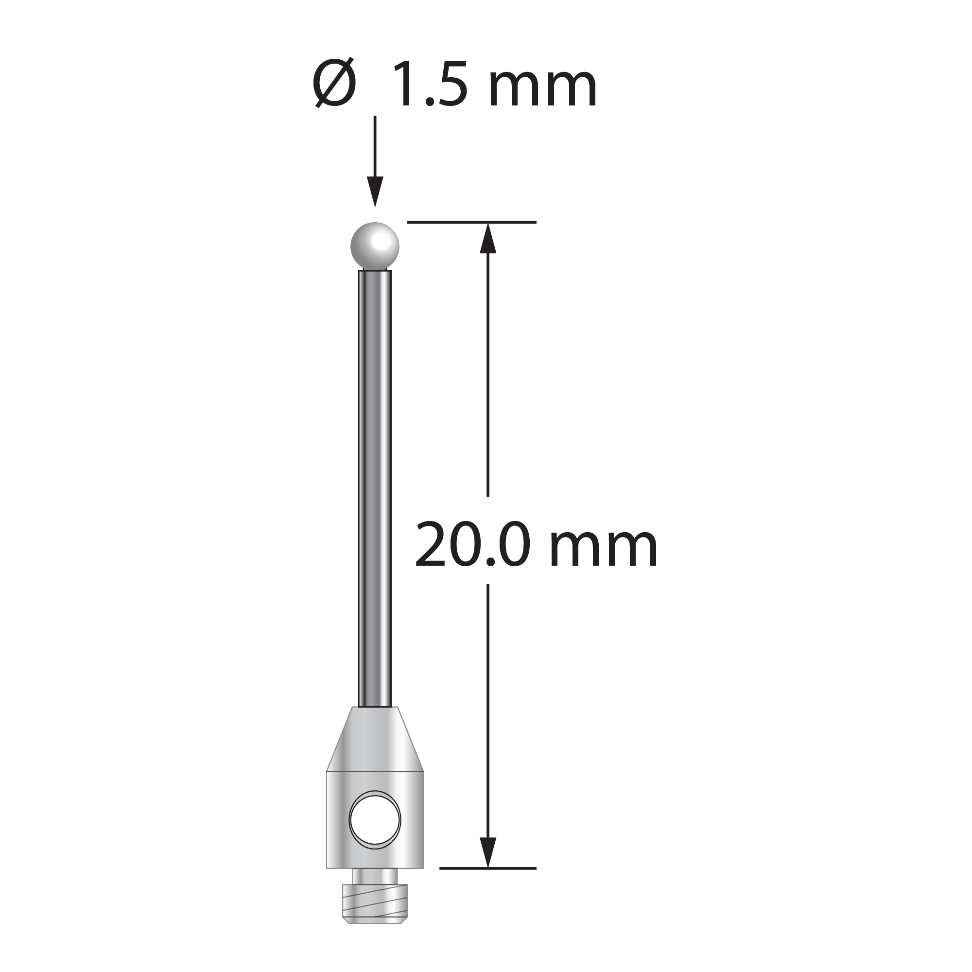 TM2-1520-Z M2 stylus with 1.5mm zirconia ball, carbide stem, and stainless steel base, 20mm long.