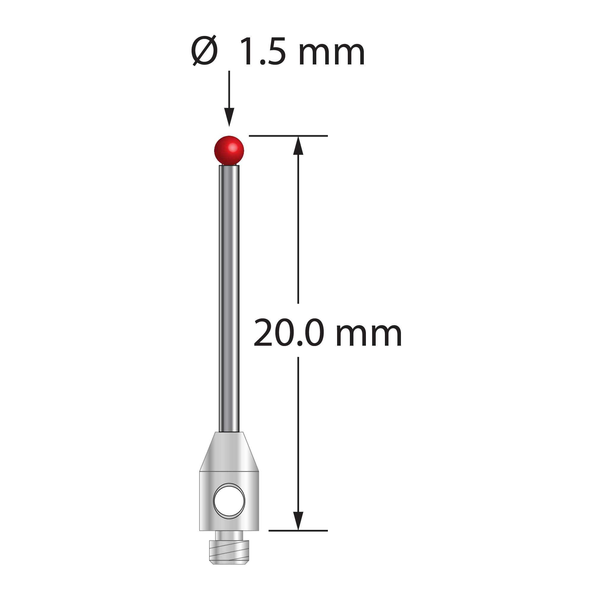 TM2-1520 M2 stylus, 1.5mm ruby ball, carbide stem, stainless steel base, 20mm long by Q-Mark Manufacturing, Inc.