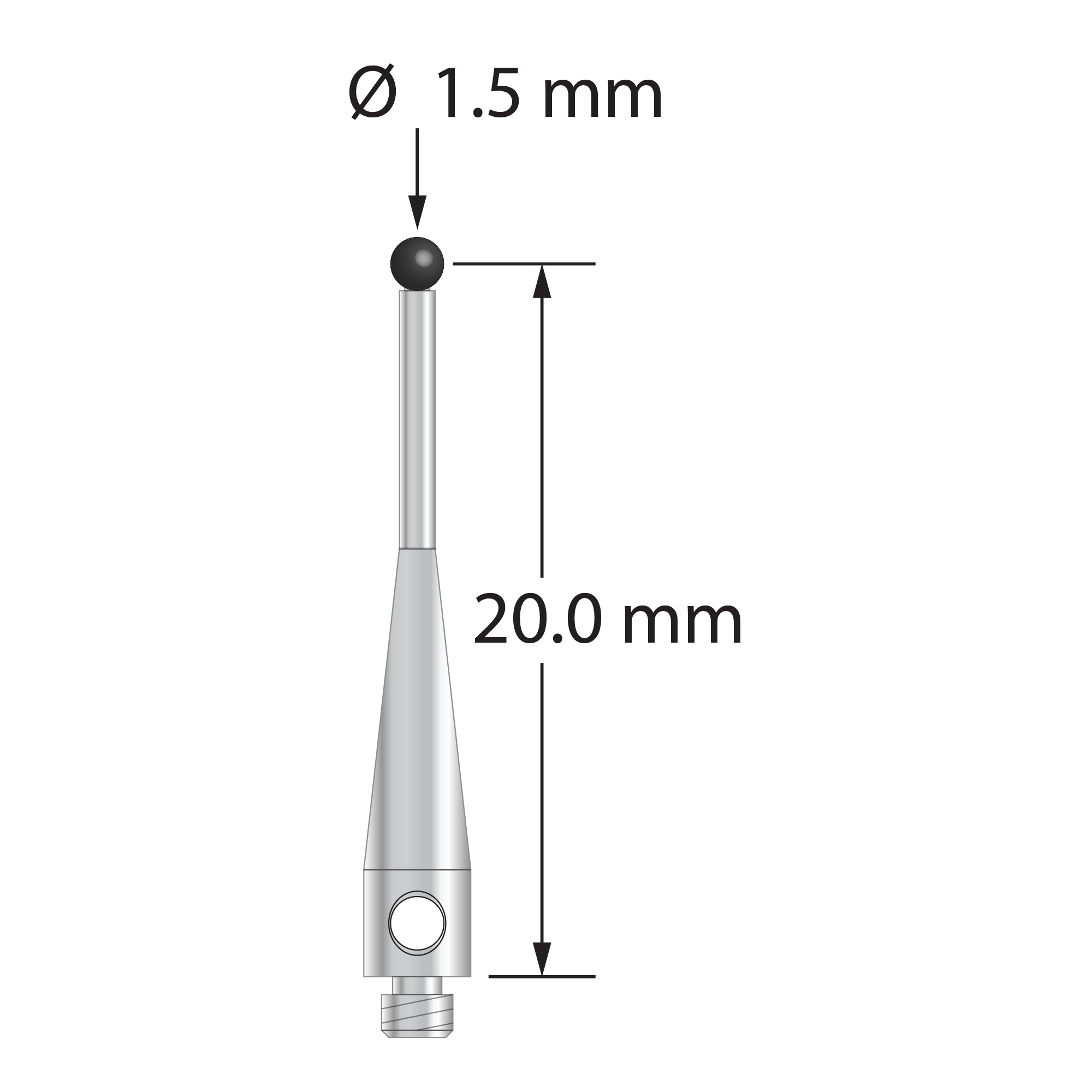 TM2-1520.75-S-SN M2 stylus with 1.5mm silicon nitride ball, stainless steel stem, 20mm long.