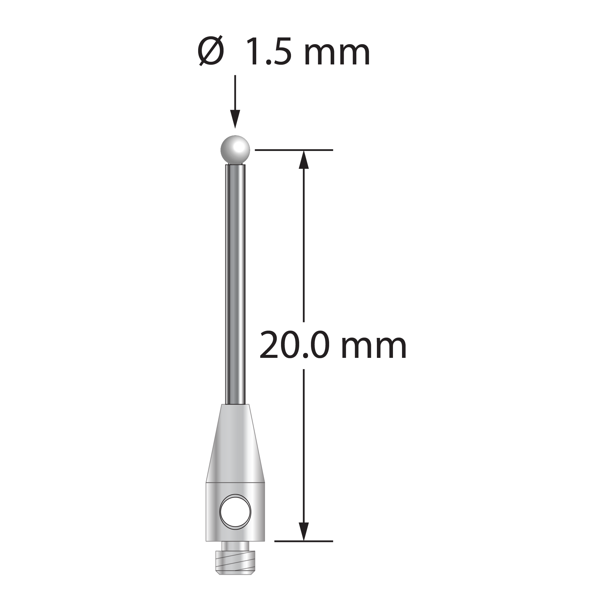 TM2-1520.75-Z M2 stylus with 1.5mm zirconia ball and carbide stem, 20mm long.