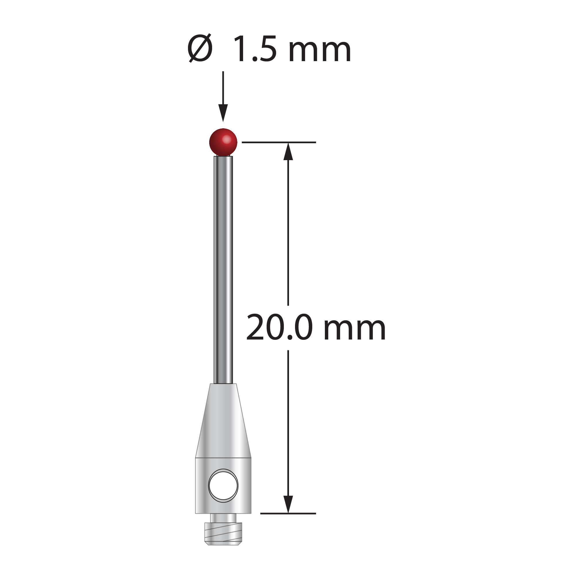 TM2-1520.75 M2 stylus with 1.5mm ruby ball, carbide stem, and stainless steel base, 20mm long.