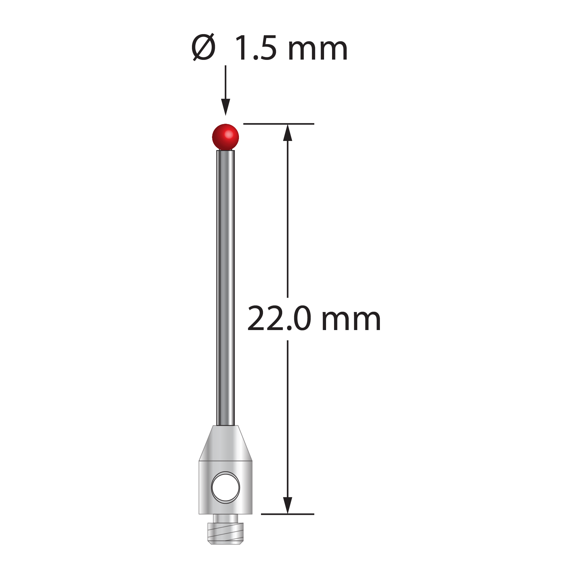 TM2-1522 M2 stylus with 1.5mm ruby ball, carbide stem, and stainless steel base, 22mm long.