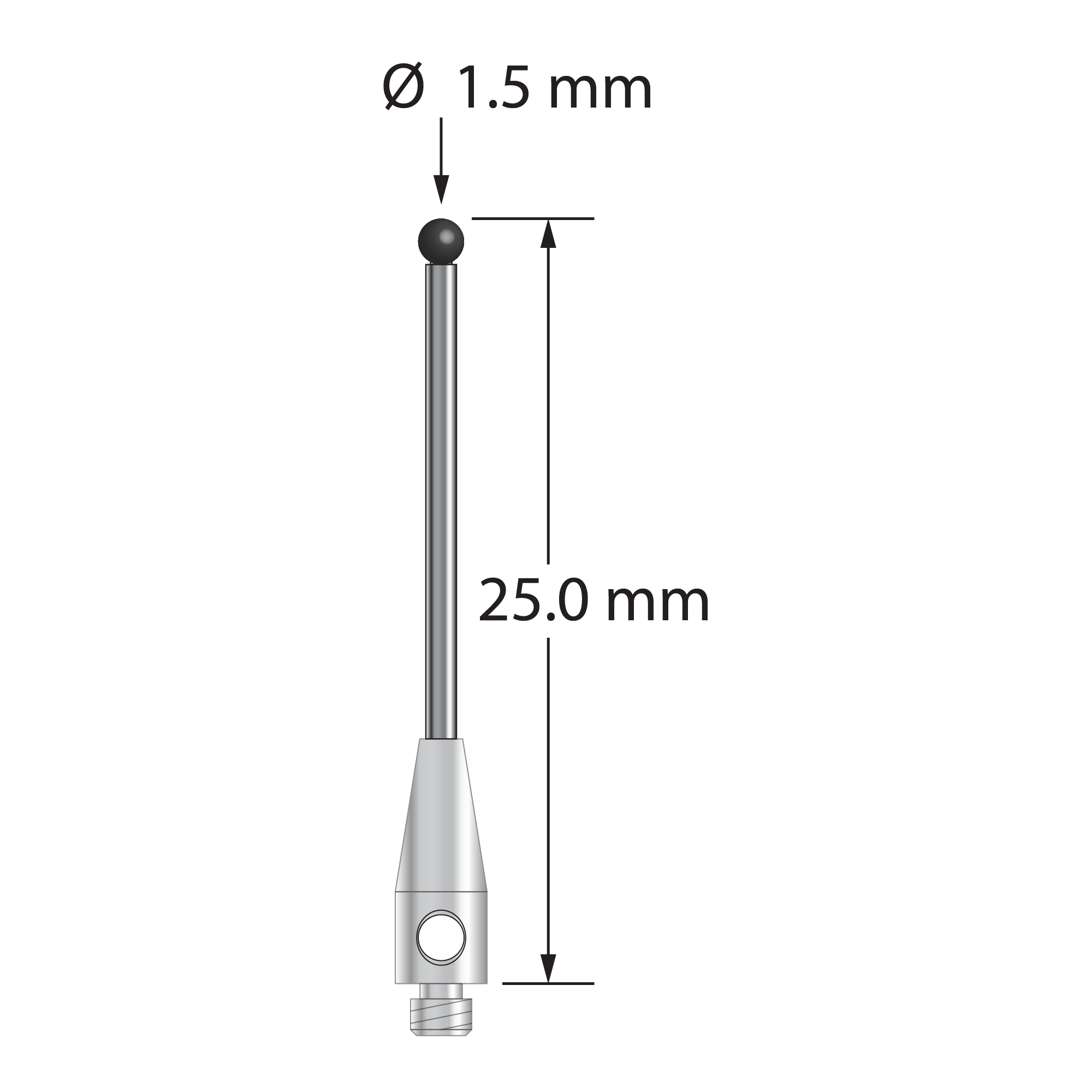 TM2-1525-SN M2 stylus with 1.5mm silicon nitride ball, carbide stem, and stainless steel base, 25mm long by Q-Mark Manufacturing, Inc.