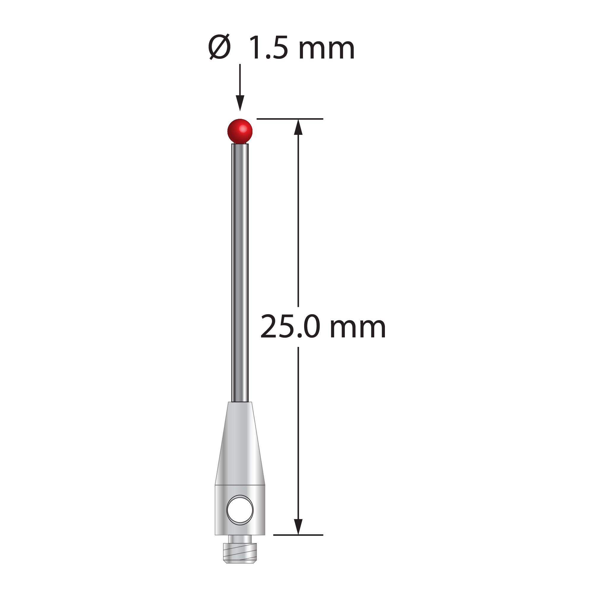 TM2-1525 M2 stylus with 1.5mm ruby ball, carbide stem, and stainless steel base, 25mm long by Q-Mark Manufacturing, Inc.