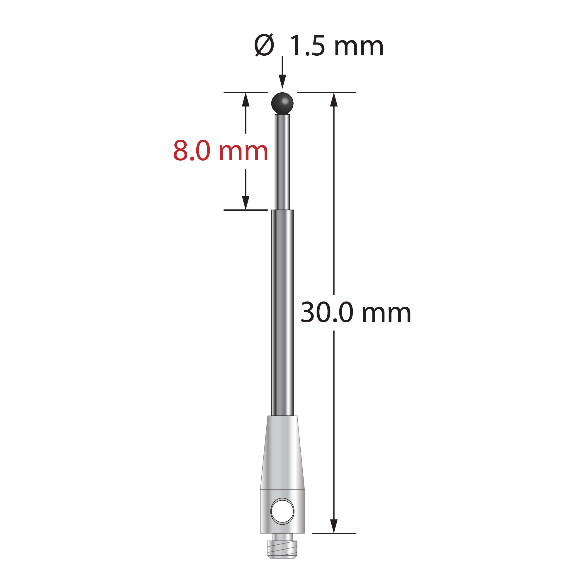 TM2-1530-SN 1.5mm silicon nitride ball stylus with stepped carbide stem, stainless steel base, 30mm long.